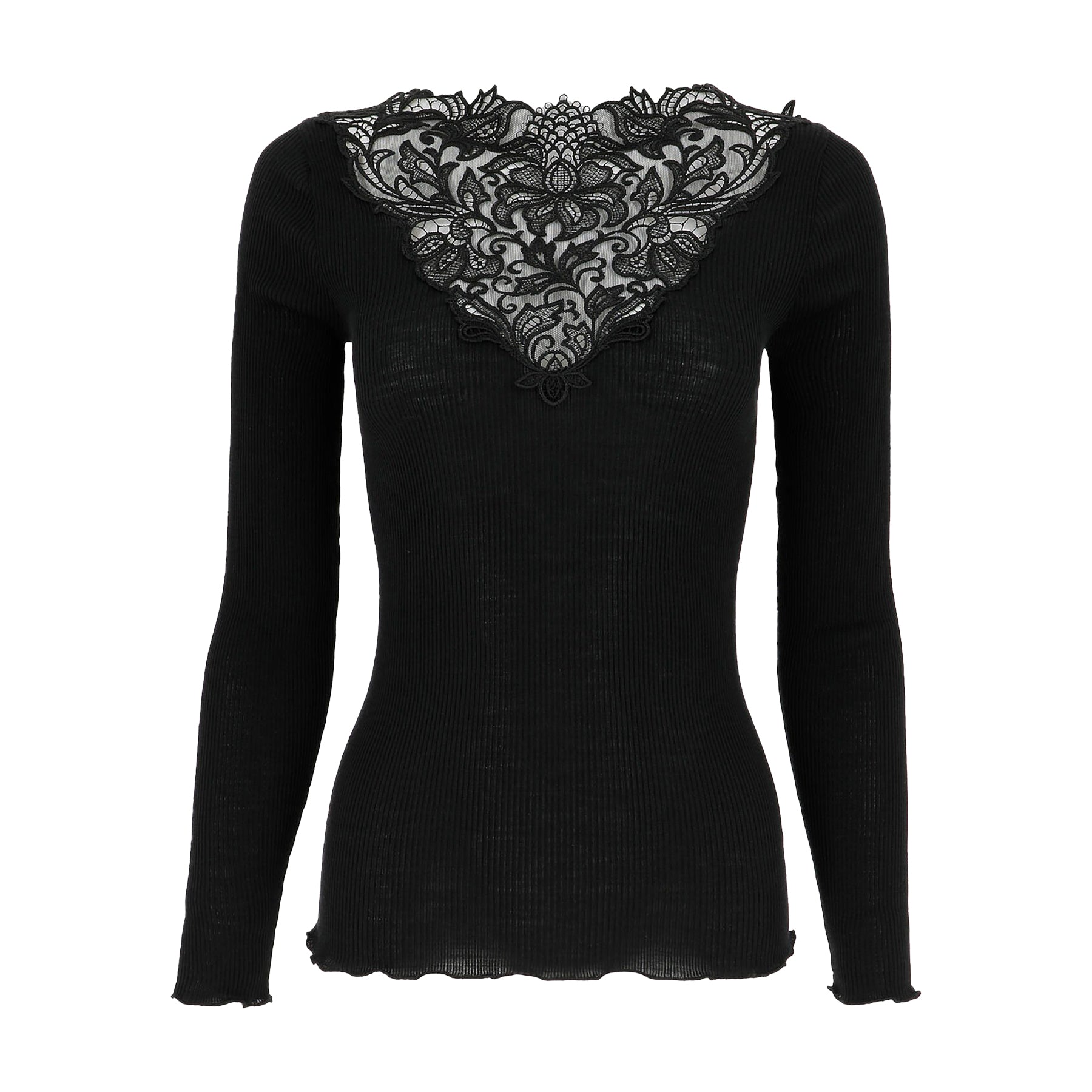 Long sleeve ribbed knit top in black made of wool and silk with Guipure lace embroidered neckline. No model.