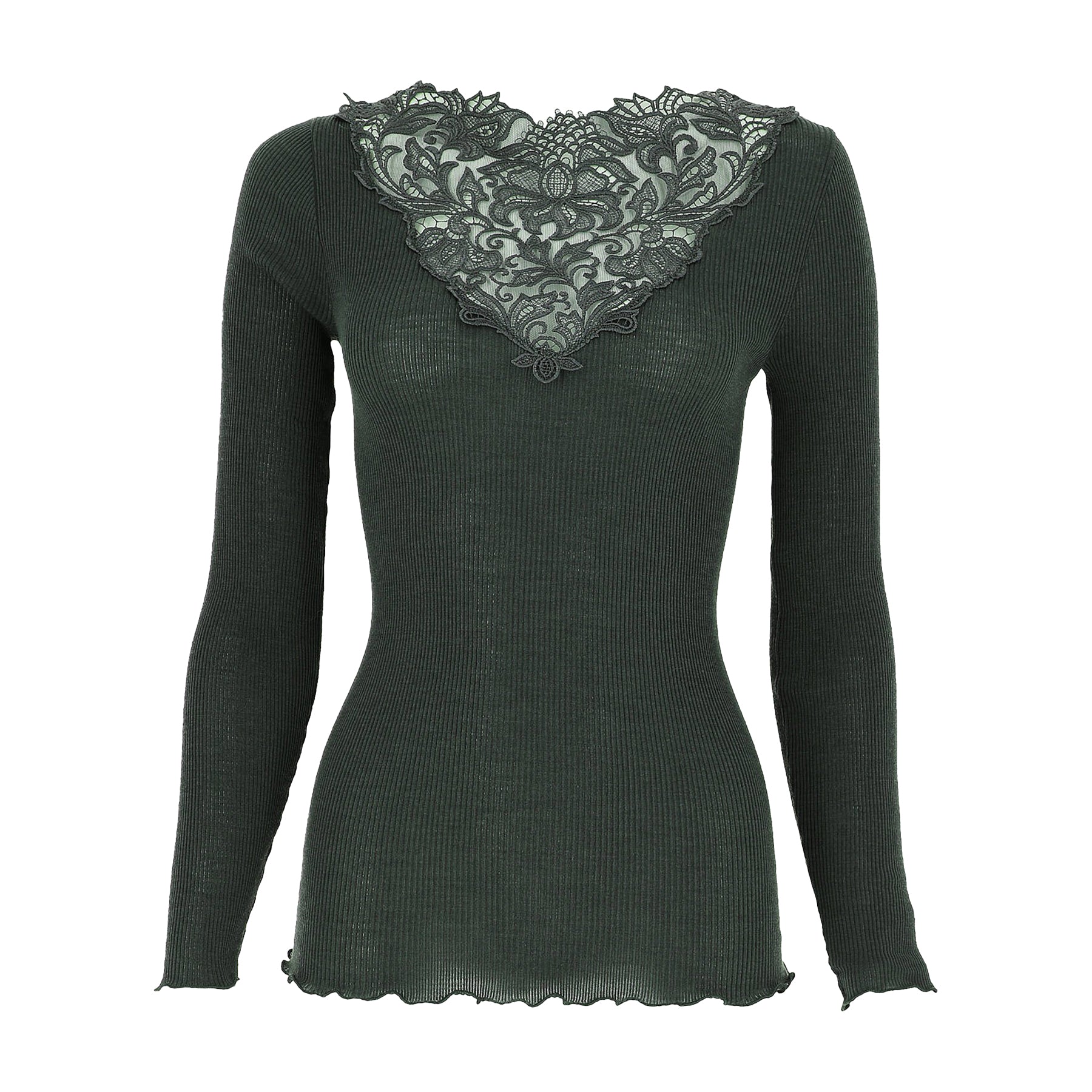 Long sleeve ribbed knit top in dark green bosco made of wool and silk with Guipure lace embroidered neckline. Front view no model.