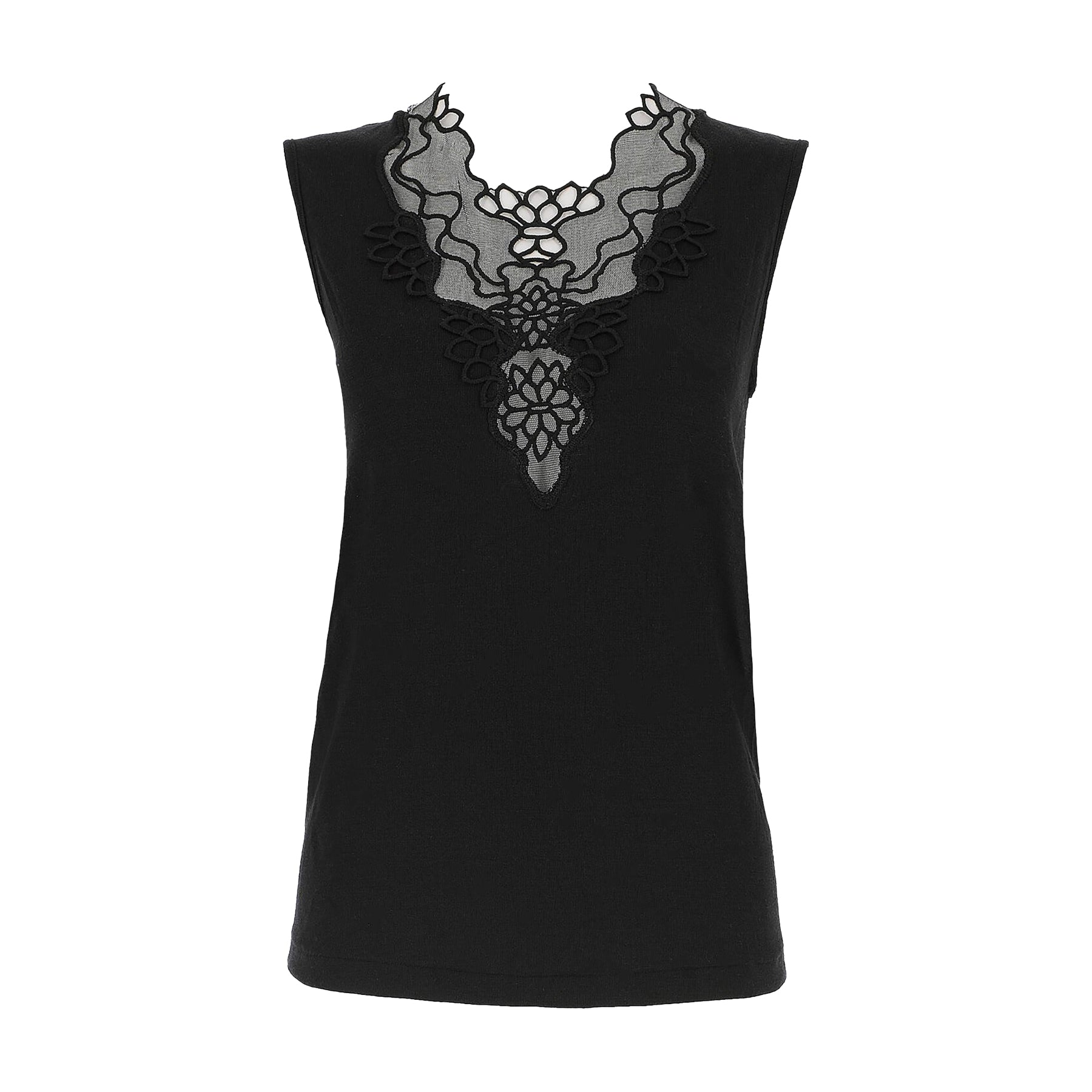 Sleeveless knit top in black made of wool and silk with Guipure lace embroidered neckline. No model front view.