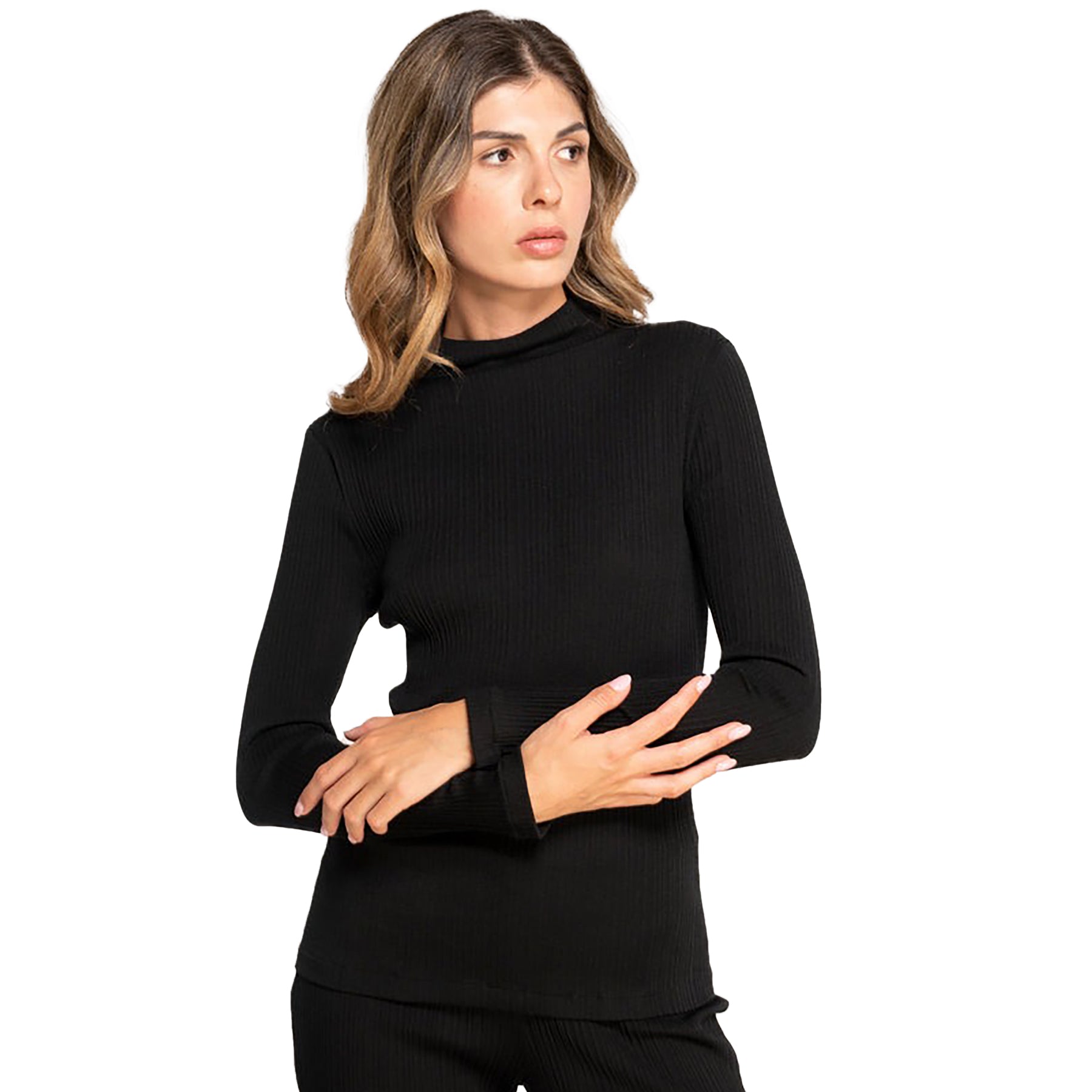 long sleeve ribbed funnel neck top in black made of wool and silk. Front view on model.