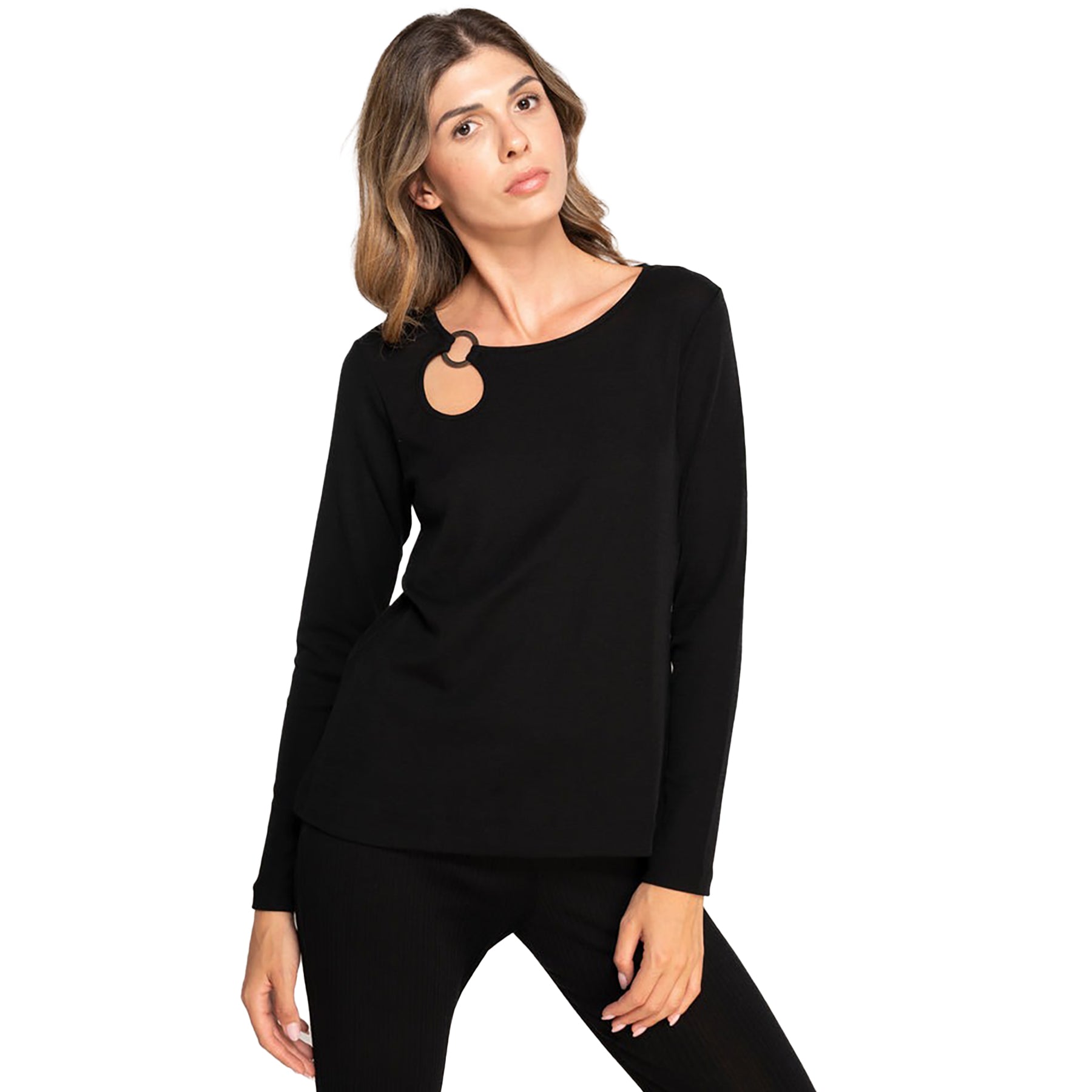 Long sleeve round neck top with keyhole silver metal ring at neckline in black. On model front view.