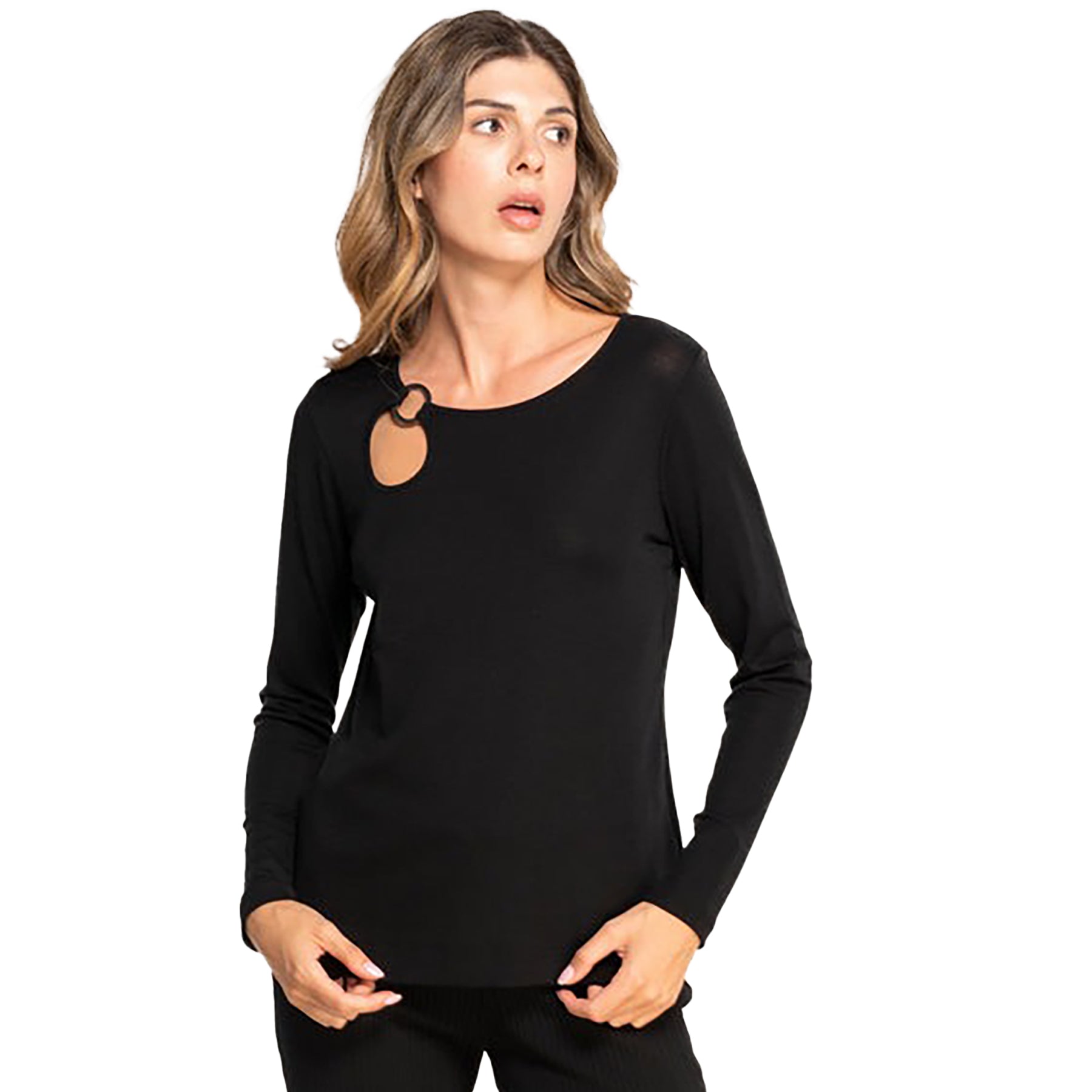 Long sleeve round neck top with keyhole silver metal ring at neckline in black. On model front view 2.