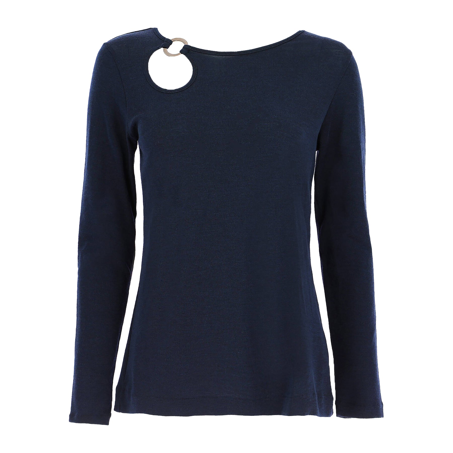 Long sleeve round neck top with keyhole silver metal ring at neckline in dark blue. No model.