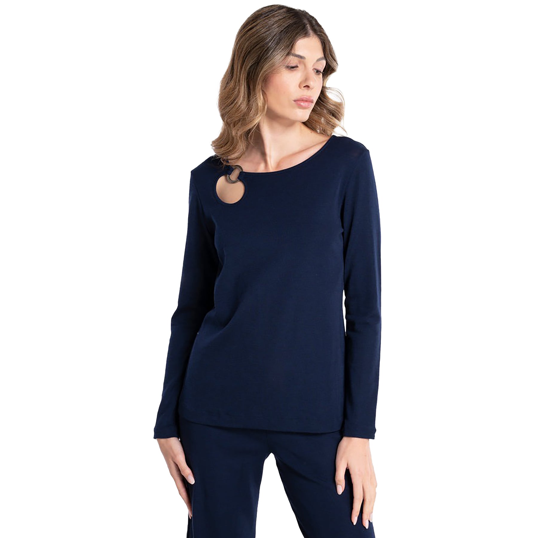 Long sleeve round neck top with keyhole silver metal ring at neckline in dark blue. On model front view.