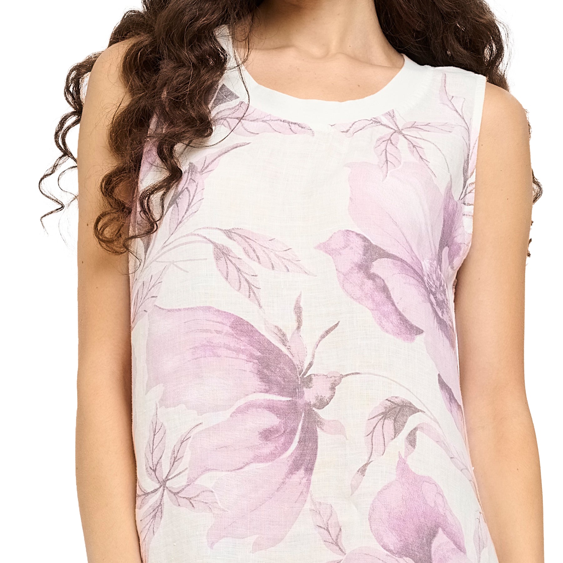 Sleeveless lilac purple Floral Printed linen Dress on a white background with High/Low Hem. Front view close up on model.