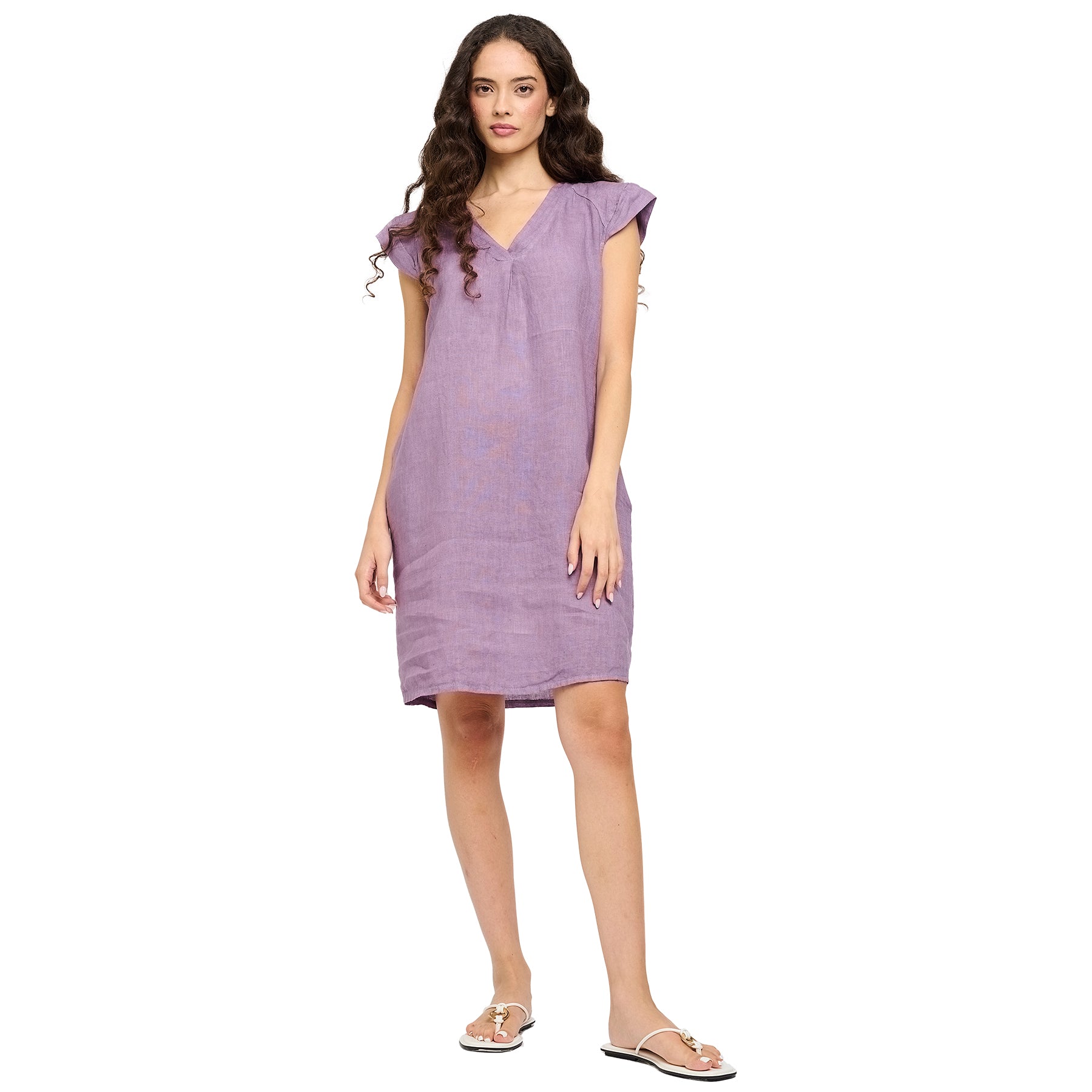 Cap sleeve vneck linen dress in blackberry purple. Front view on model.