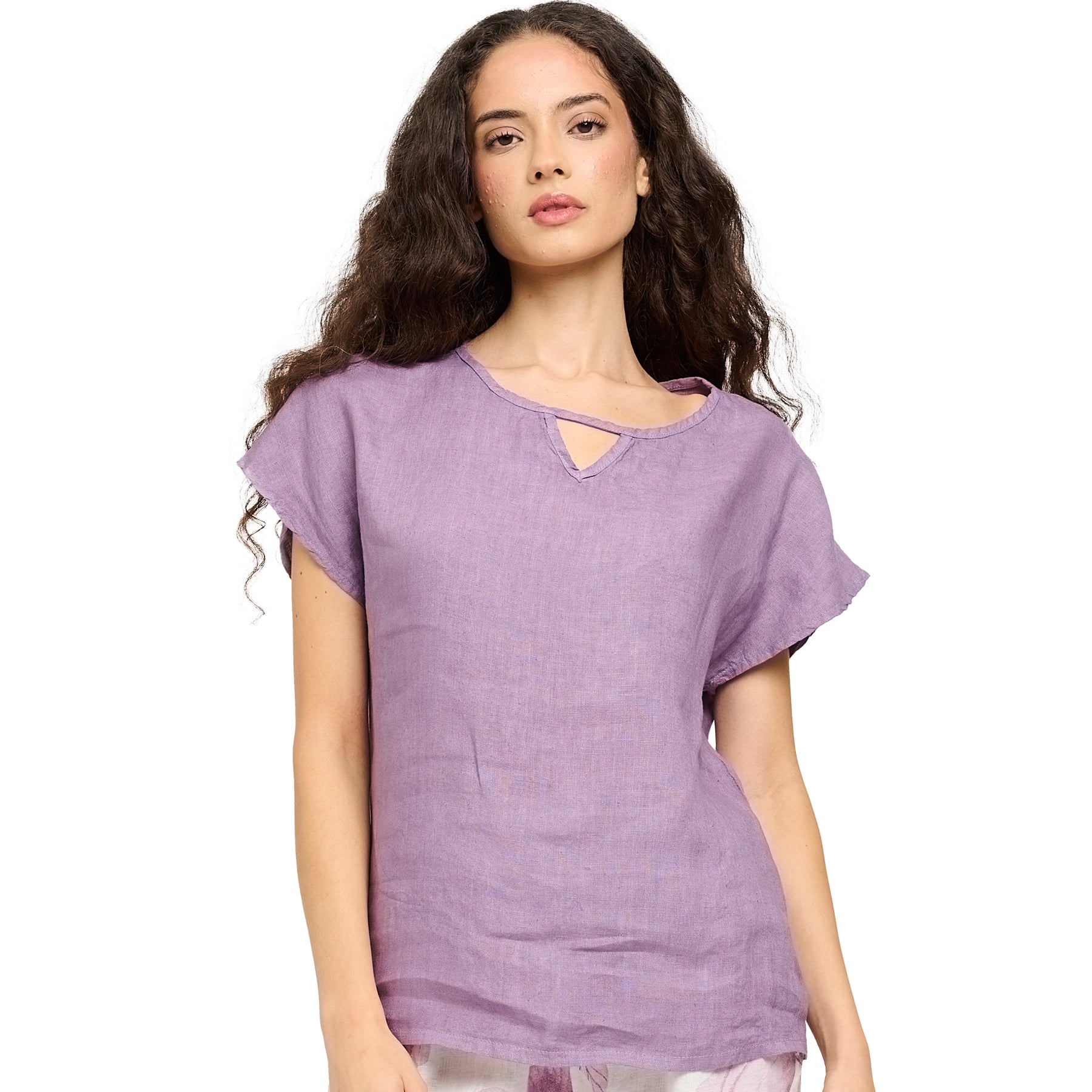 Short sleeve linen blouse in purple blackberry with keyhole front detail. Front view on model.