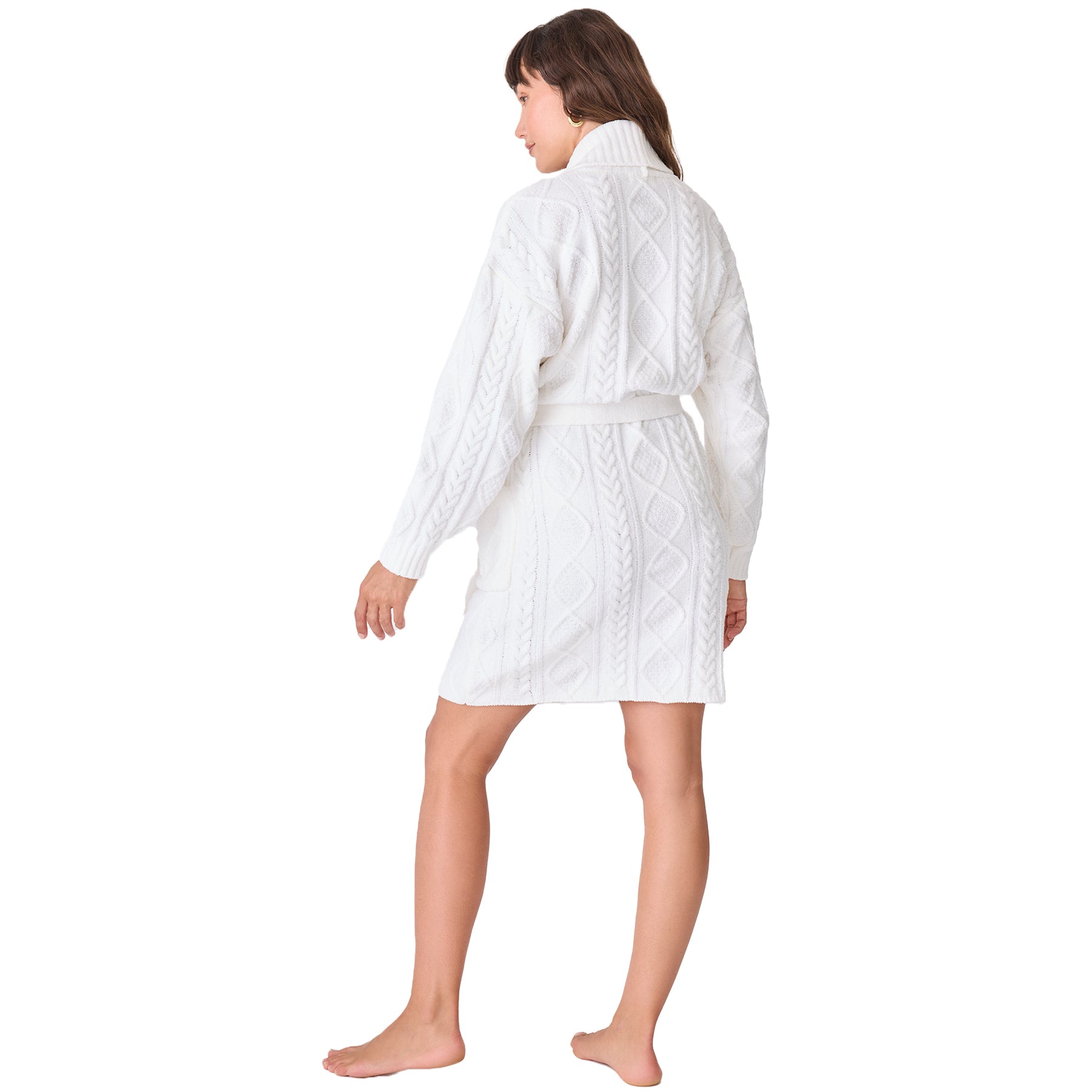 PJ Salvage chunky cable knit short wrap robe in ivory with waist tie. Rear view on model.