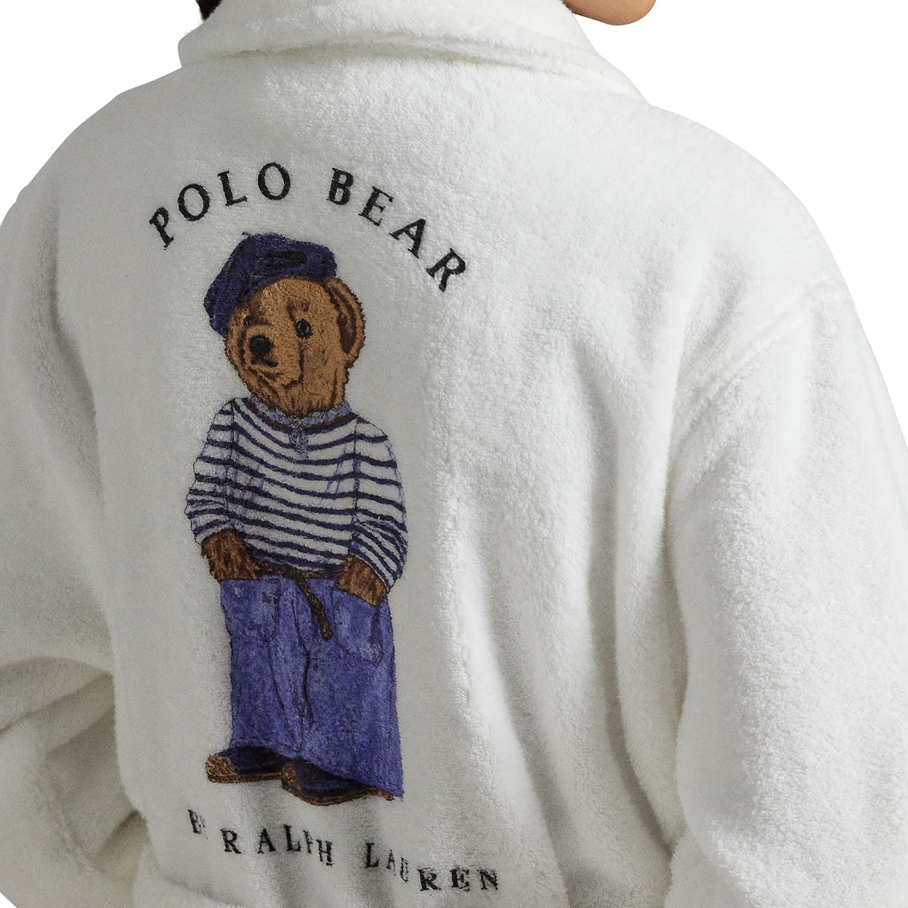 Close-up of Polo Bear embroidery on Ralph Lauren Terry Robe