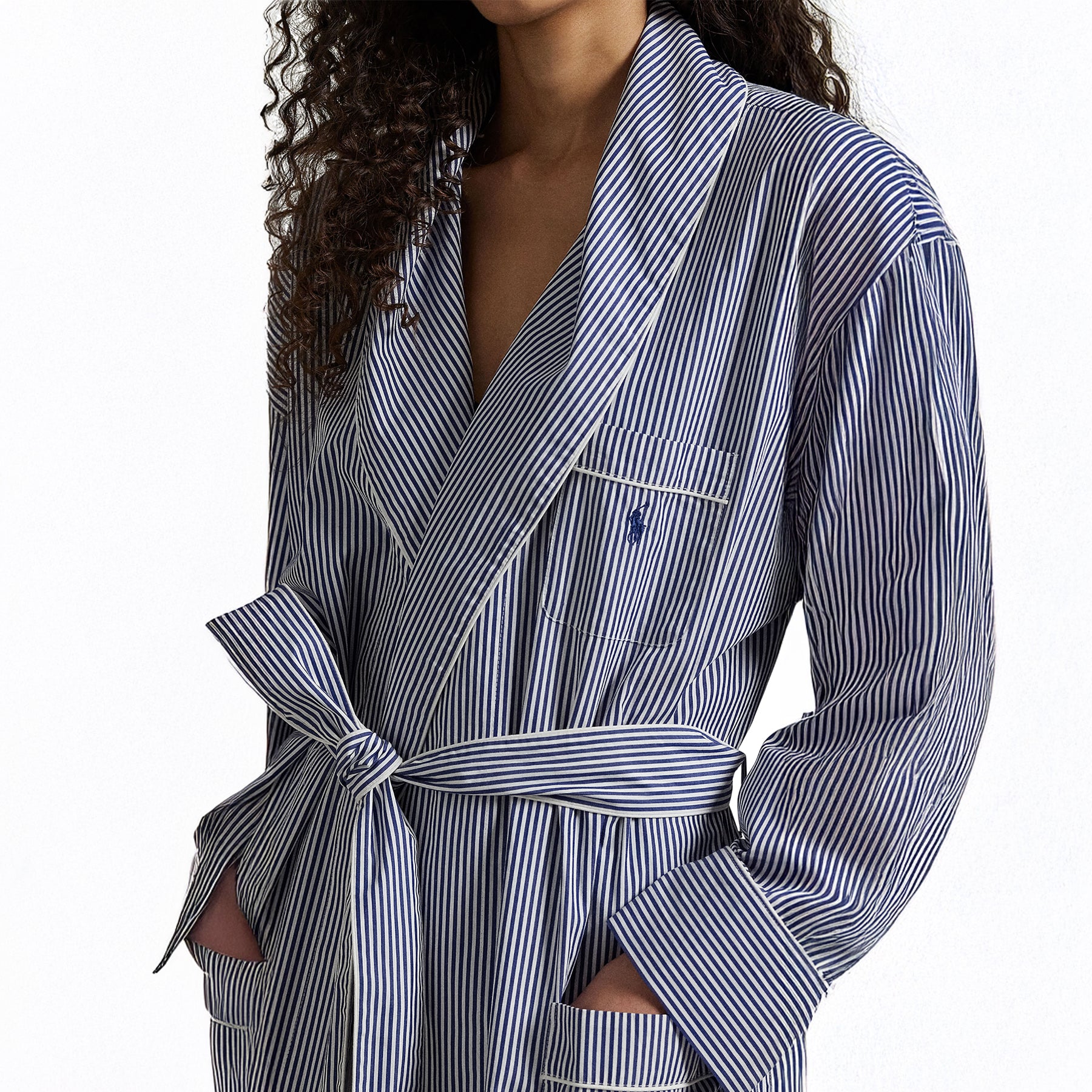 Close-up of Polo Ralph Lauren Shirting Stripe Robe chest pocket and belt