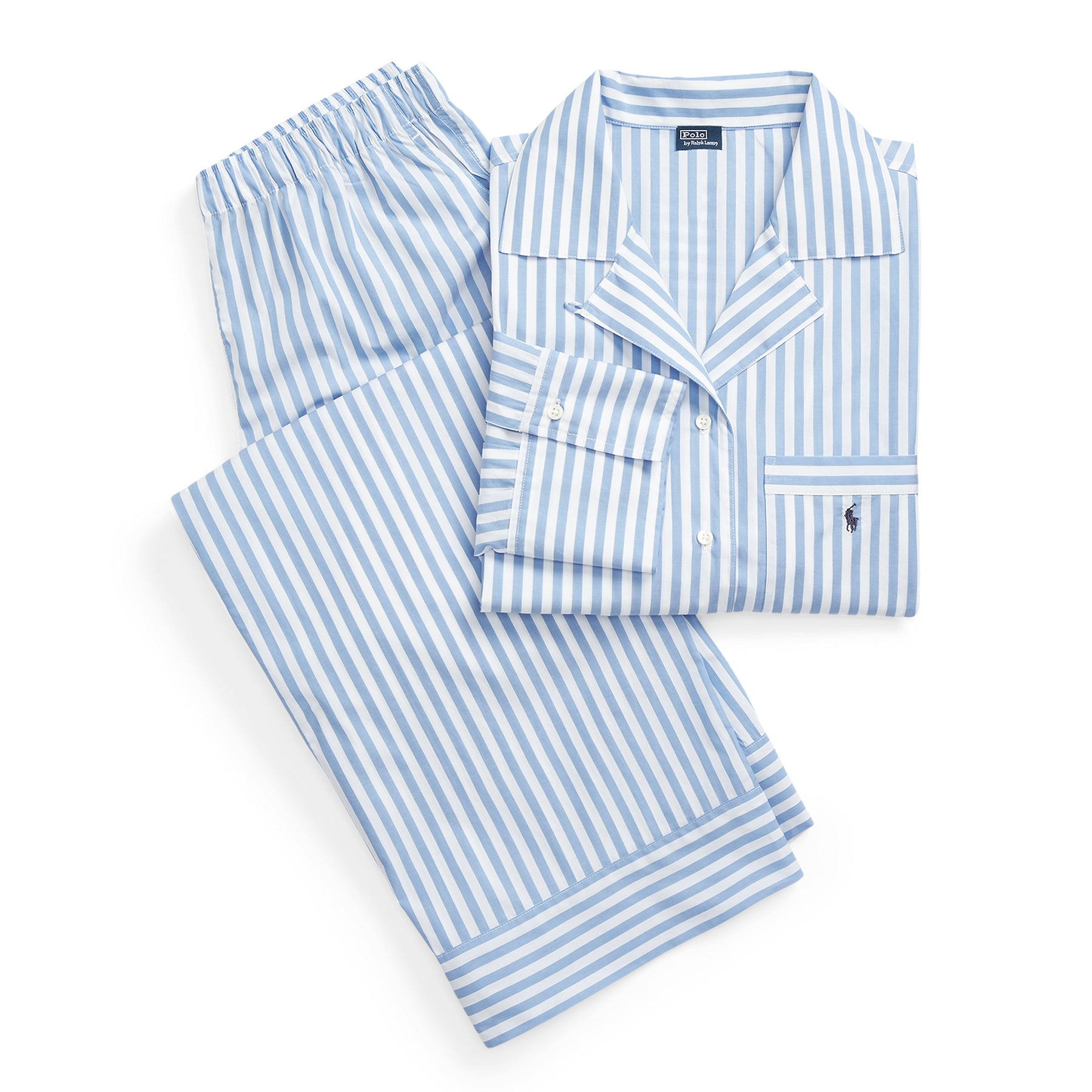 Polo Ralph Lauren women's light blue and white oxford striped pyjama set folded flat with embroidered logo