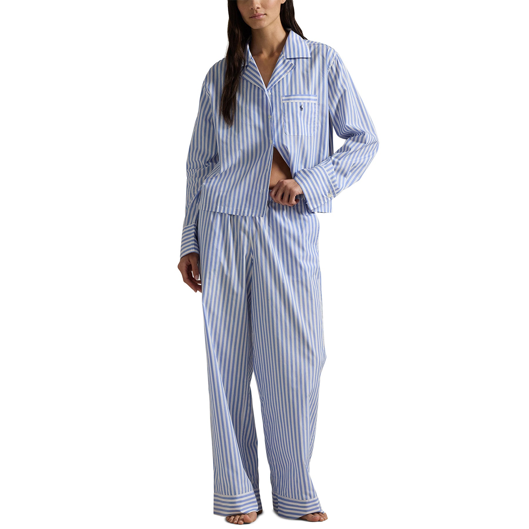 Polo Ralph Lauren women's classic oxford striped button-up pyjama set in hydrangea blue and white, front view on model