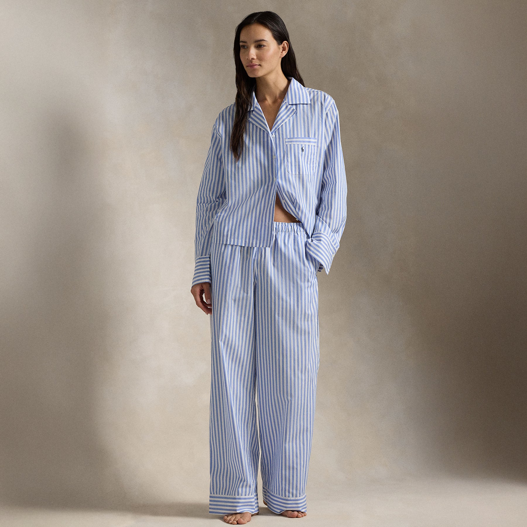 Polo Ralph Lauren women's full-length blue and white oxford striped pyjama set, lifestyle studio setting
