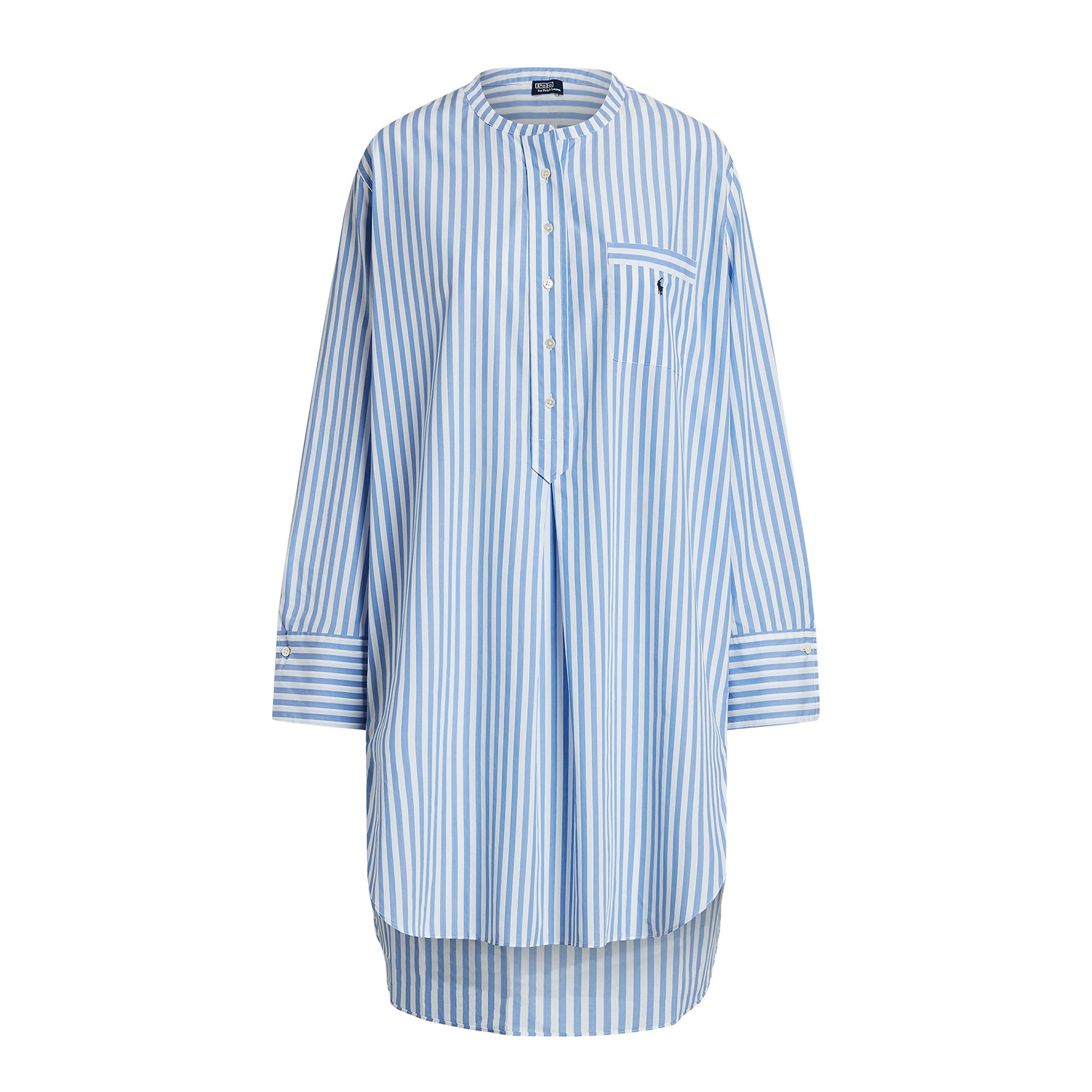 Polo Ralph Lauren Shirting Stripes Mock Neck Henley Sleepshirt Tunic in White Cloud Hydrangea Stripe, flat lay front view