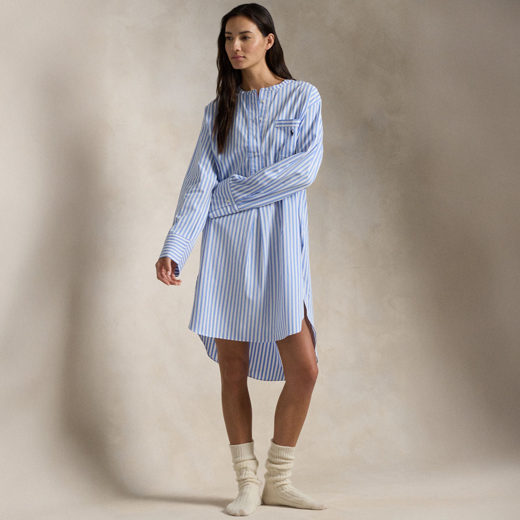 Model wearing Polo Ralph Lauren Striped Henley Sleepshirt, relaxed fit with long sleeves