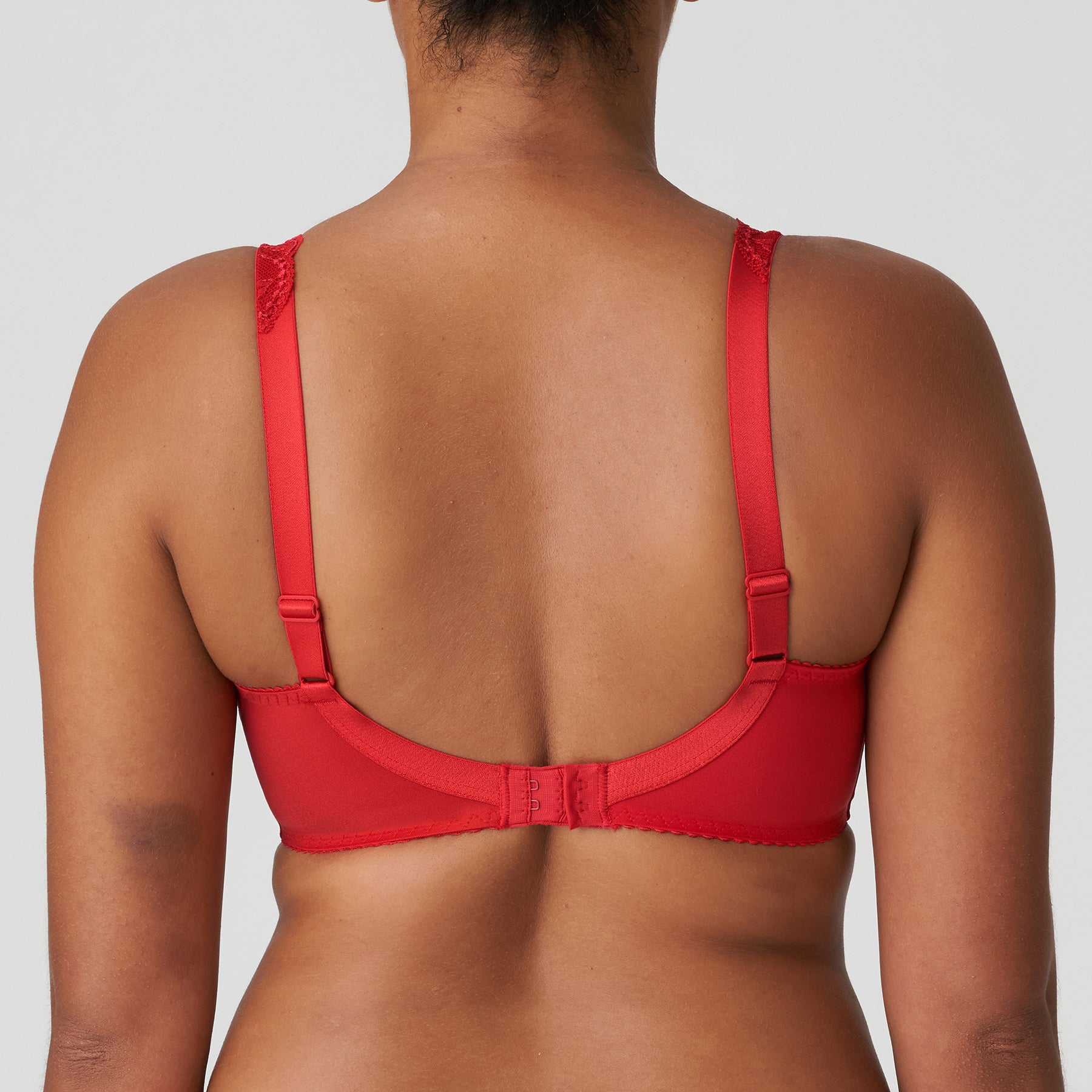 Full cup underwired bra with checked fabric and lace top cups and straps. Red/scarlet colour rear view on model.