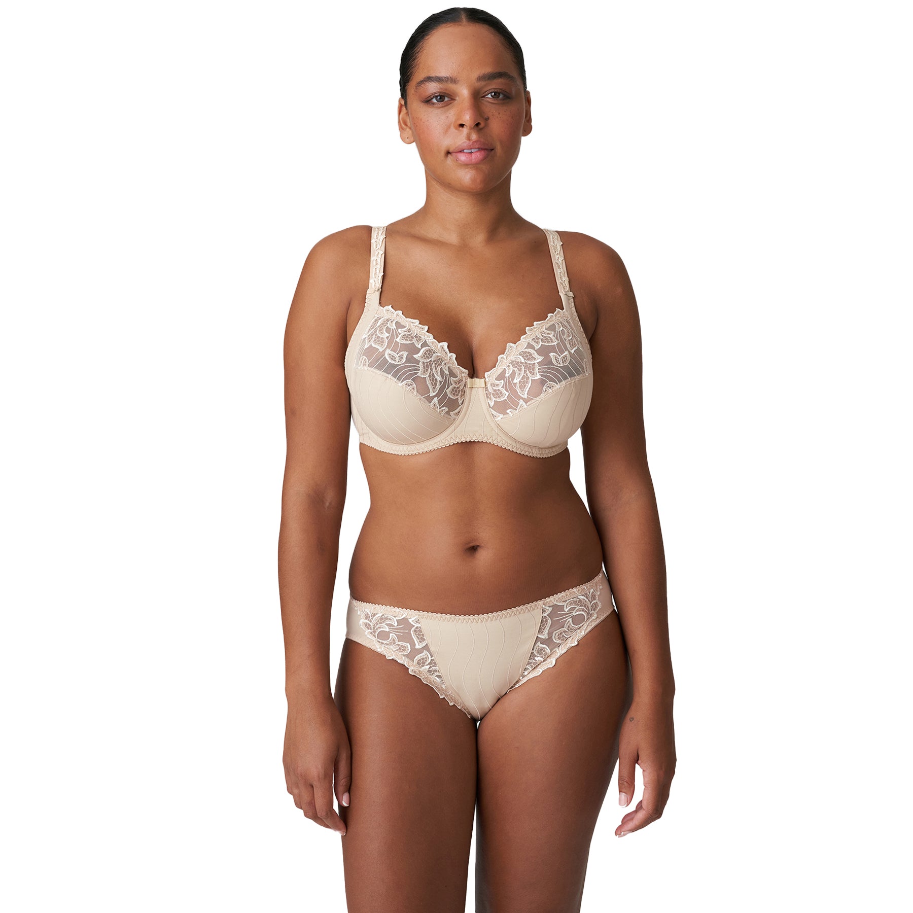 deauville nude rio bikini brief and bra set with lace detail front view on model