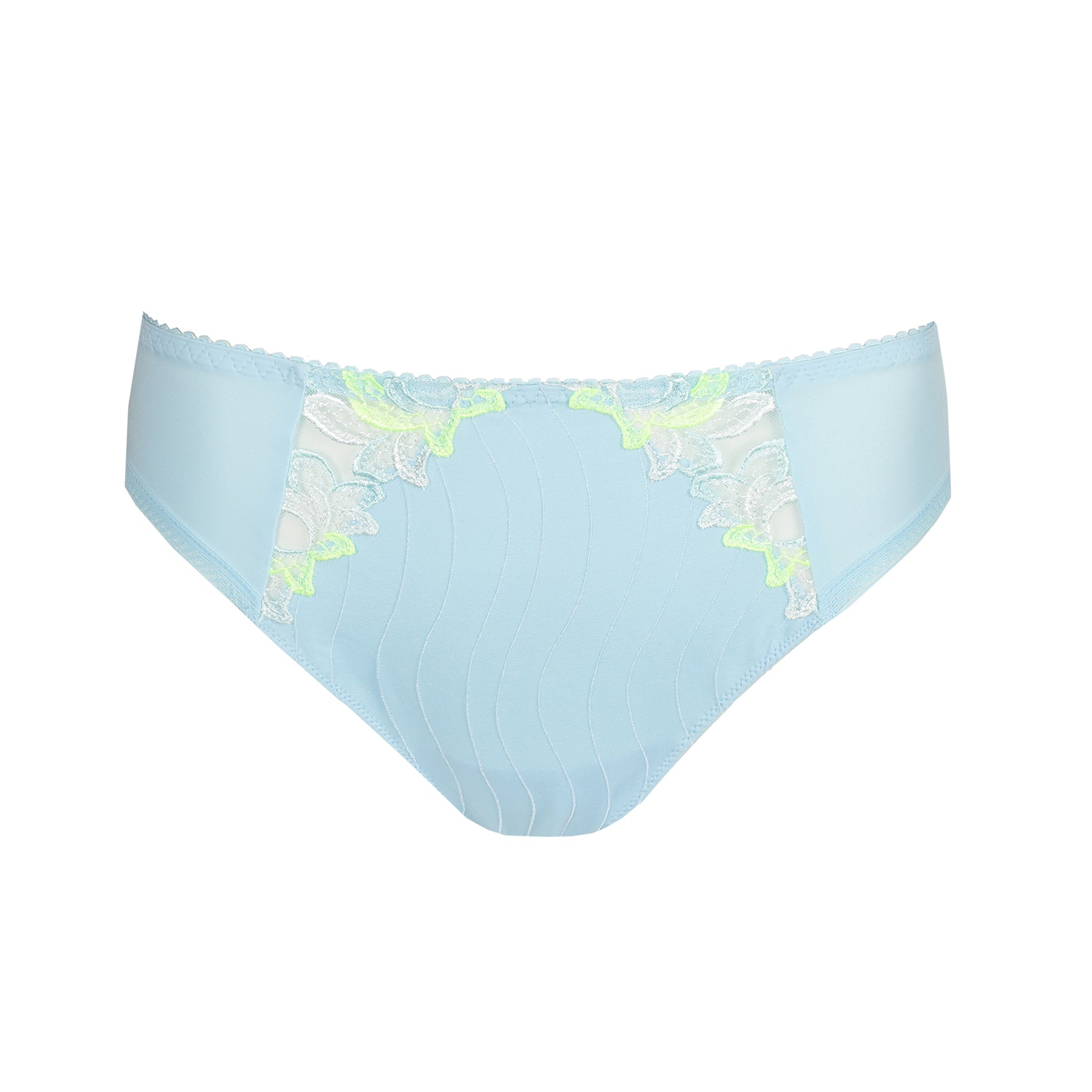 Mid-rise brief in milky baby blue with contrast lime green embroidery on front panel. Front view without model.