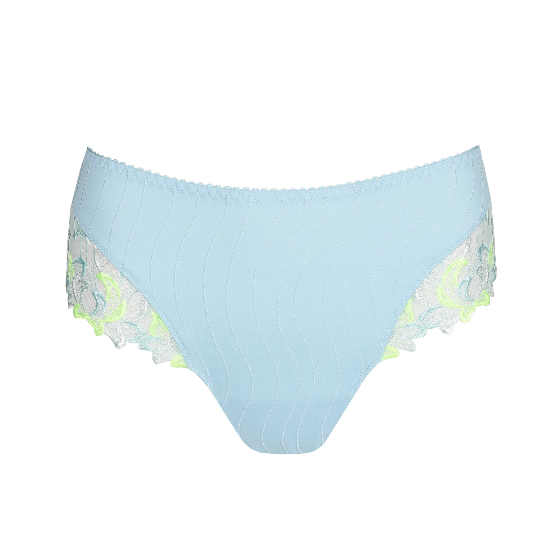 Luxury thong in milky baby blue with contrast lime green embroidery at hips and around the legs. Front view without model.