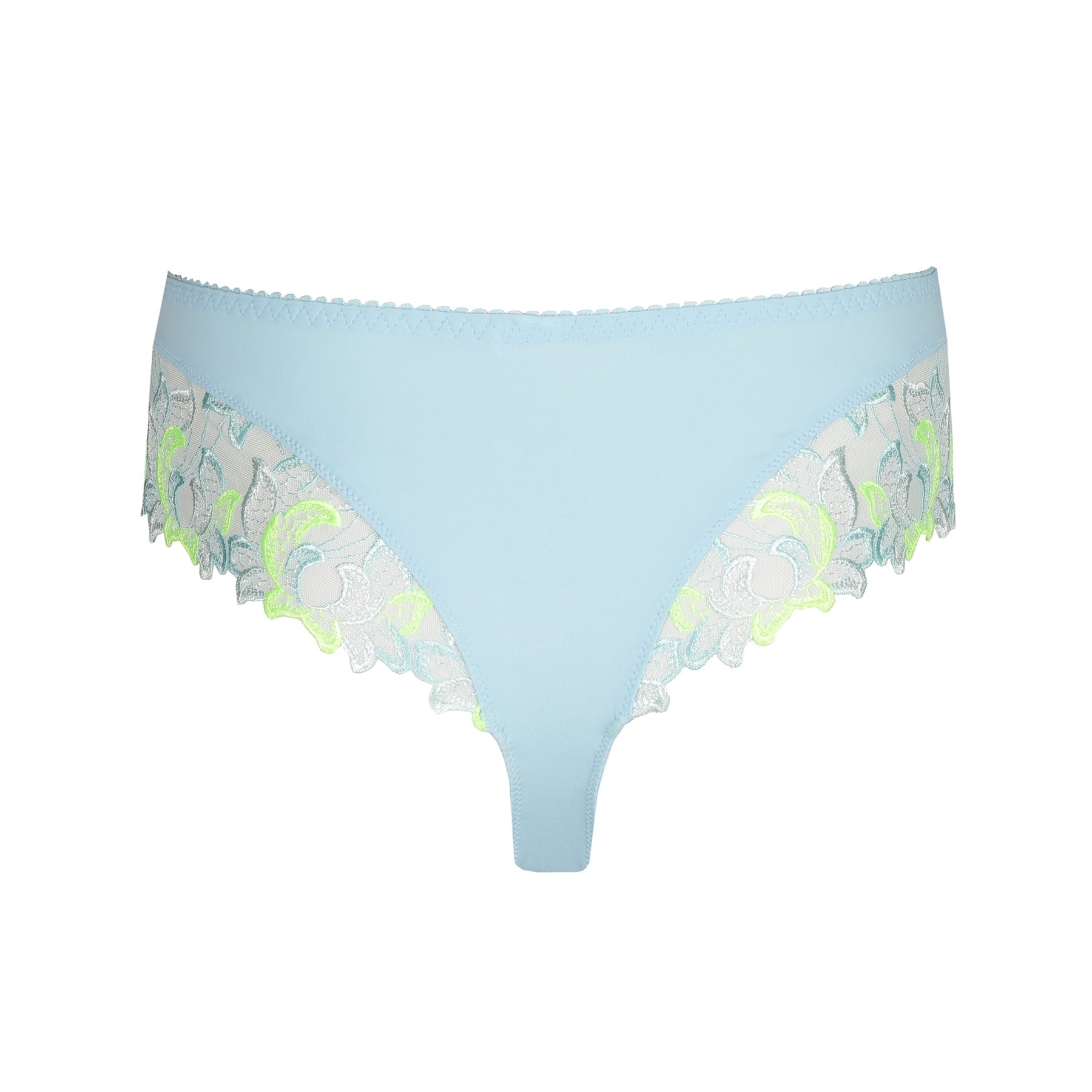 Luxury thong in milky baby blue with contrast lime green embroidery at hips and around the legs. Rear view without model.