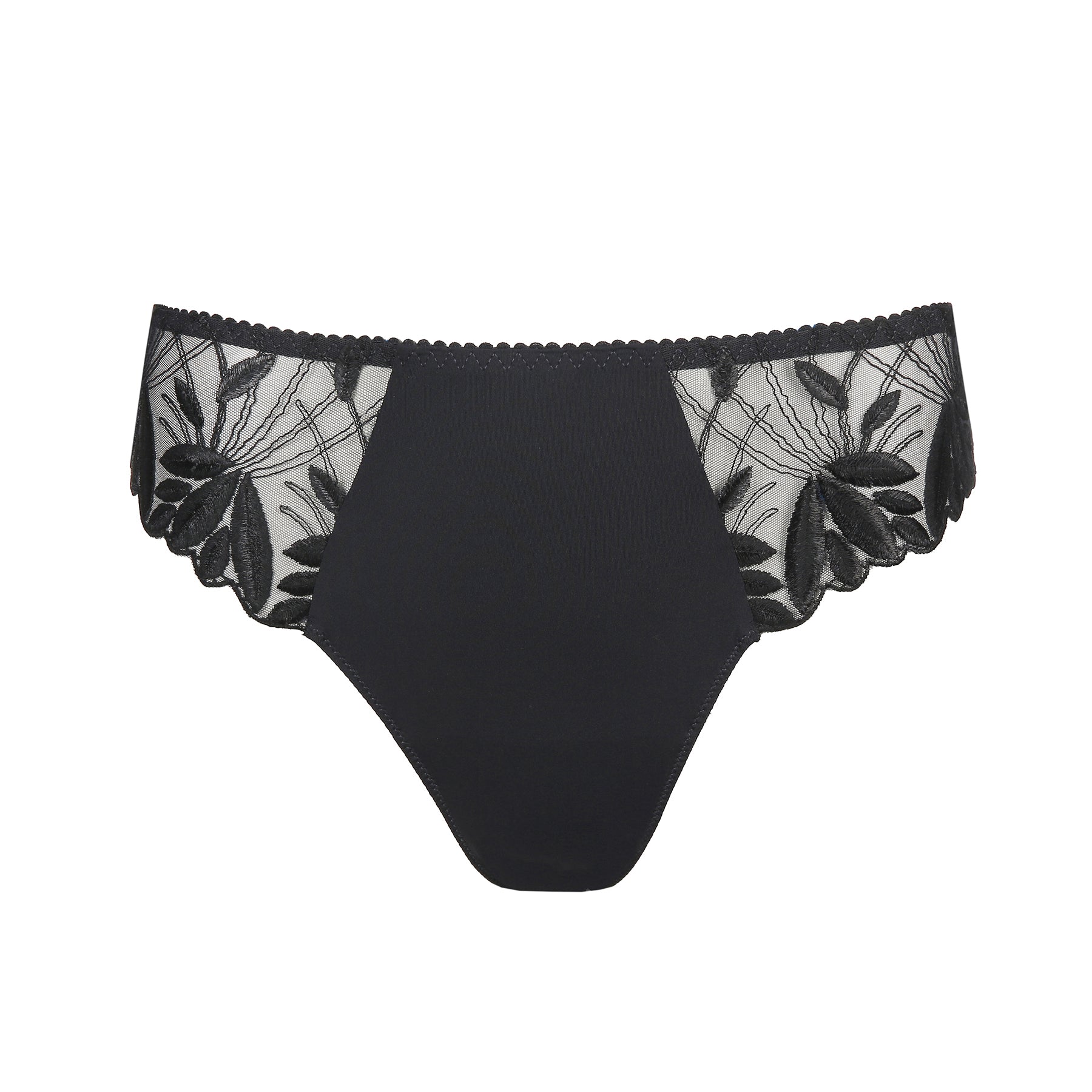 PrimaDonna Orlando charcoal grey thong with embroidery at the hips. Front view no model.