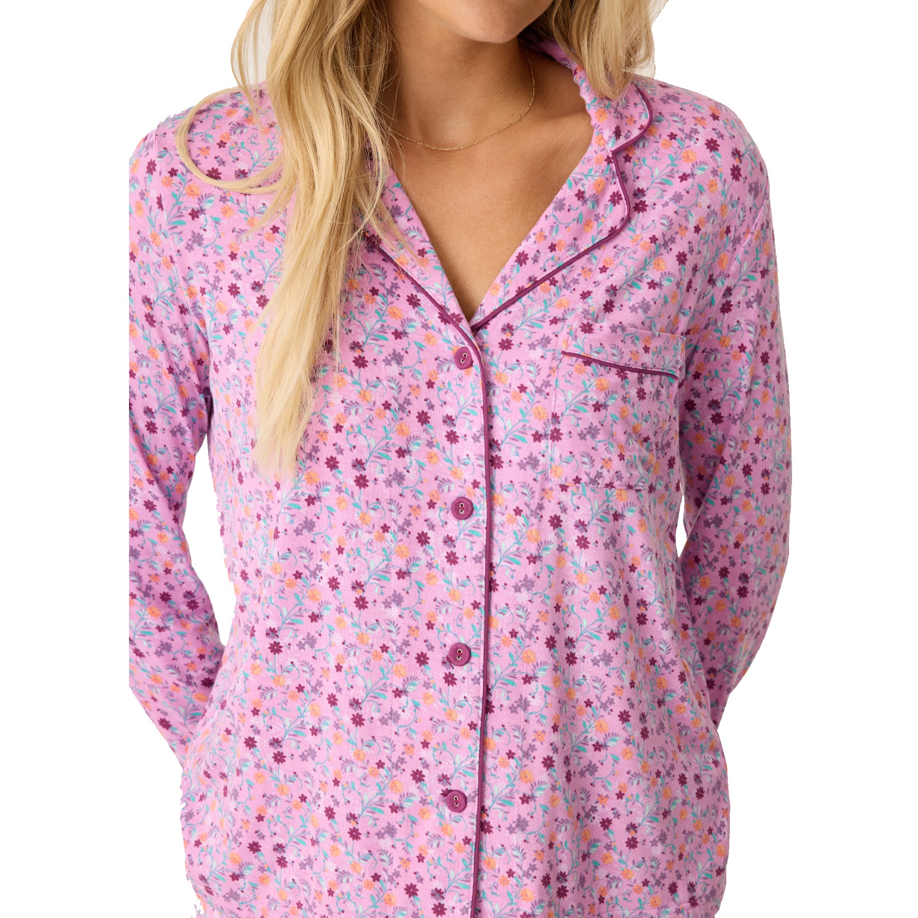 A close look to the Pajama tops showing the buttons and the neck line.