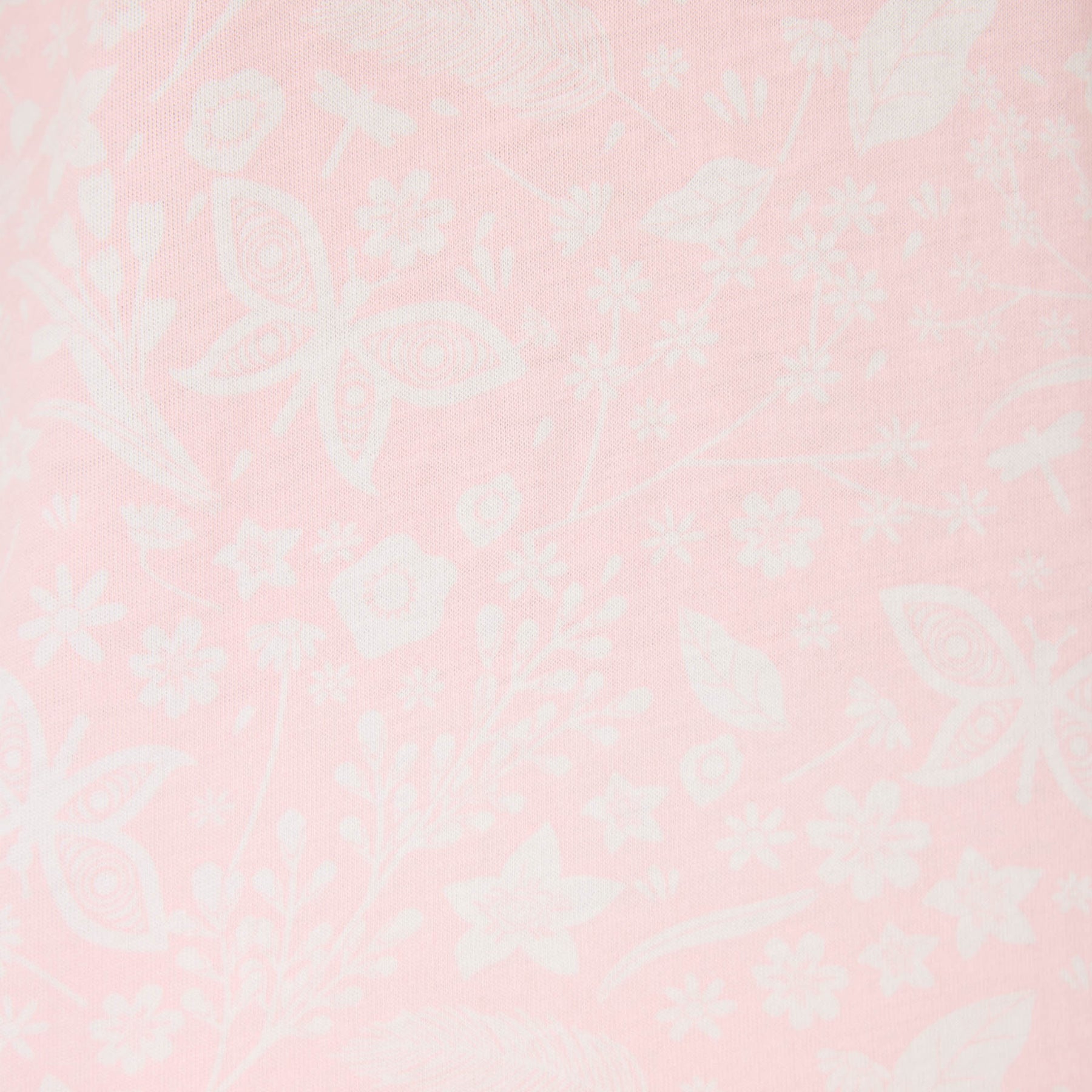 A close-up of light pink fabric with a delicate floral and butterfly print, featuring intricate white outlines of flowers, leaves, and dragonflies.