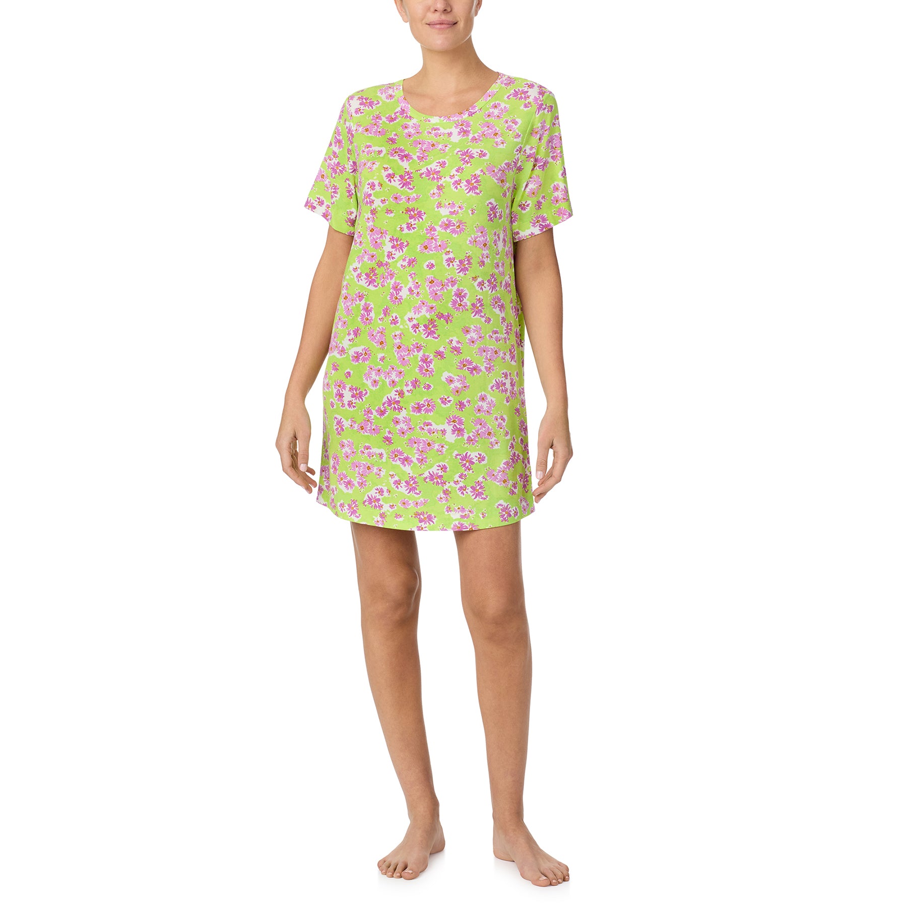 sanctuary short sleeve chemise in purple flower print on a lime green background. Front view on model.