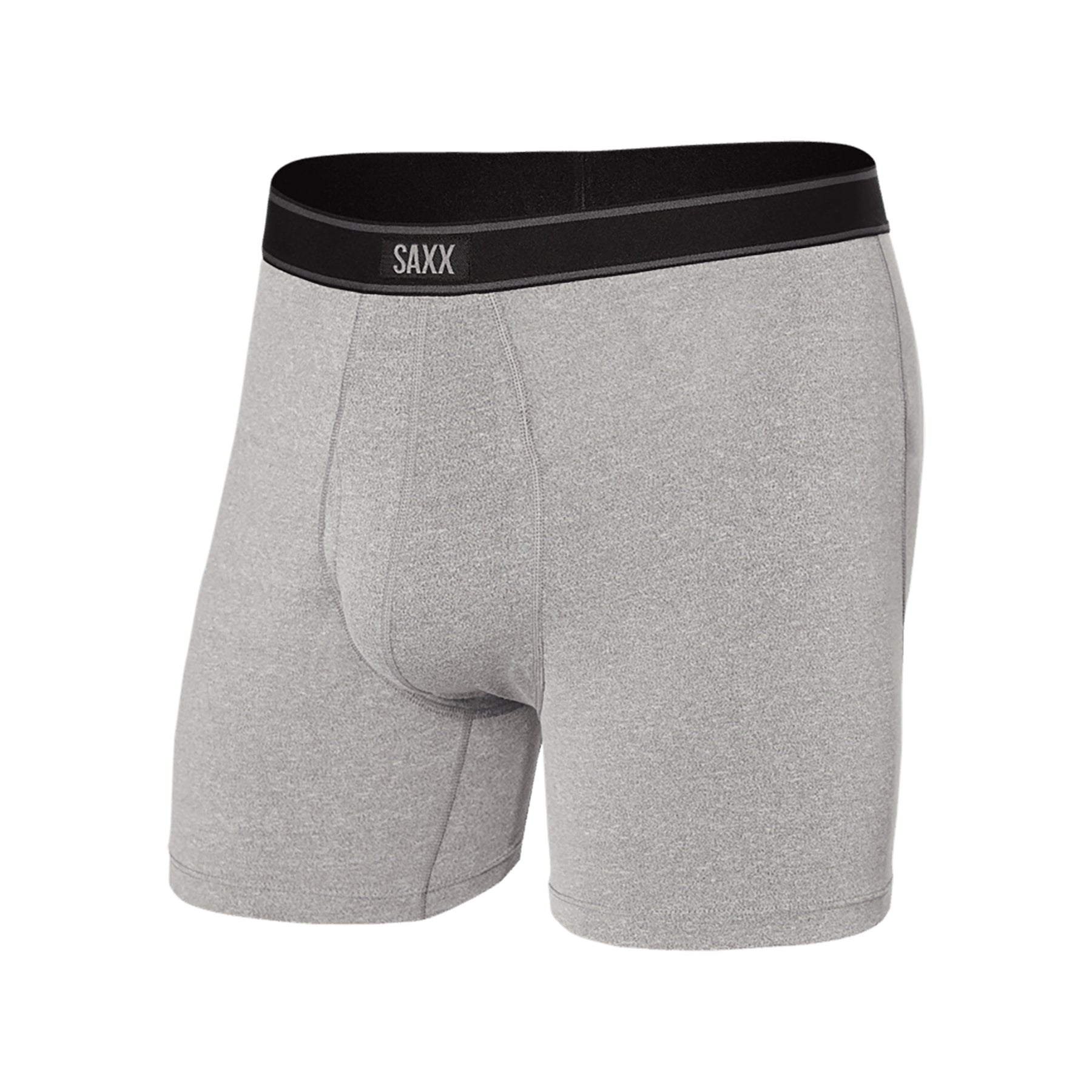 Front angled view of SAXX grey heather boxer briefs showing ergonomic pouch and black logo waistband.