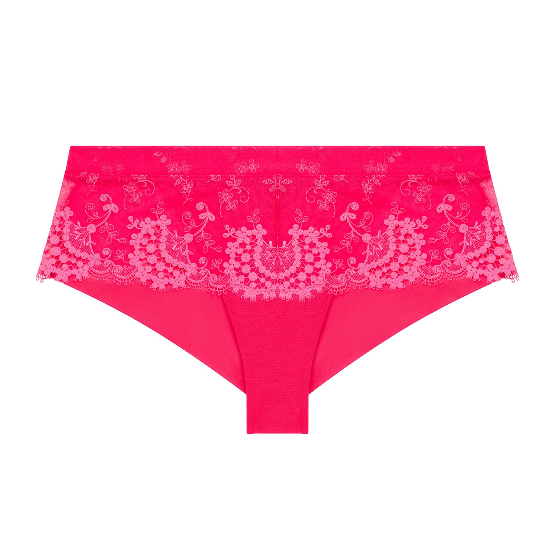 Satin and guipure lace shorty in fabulous hot pink. Front view without model.