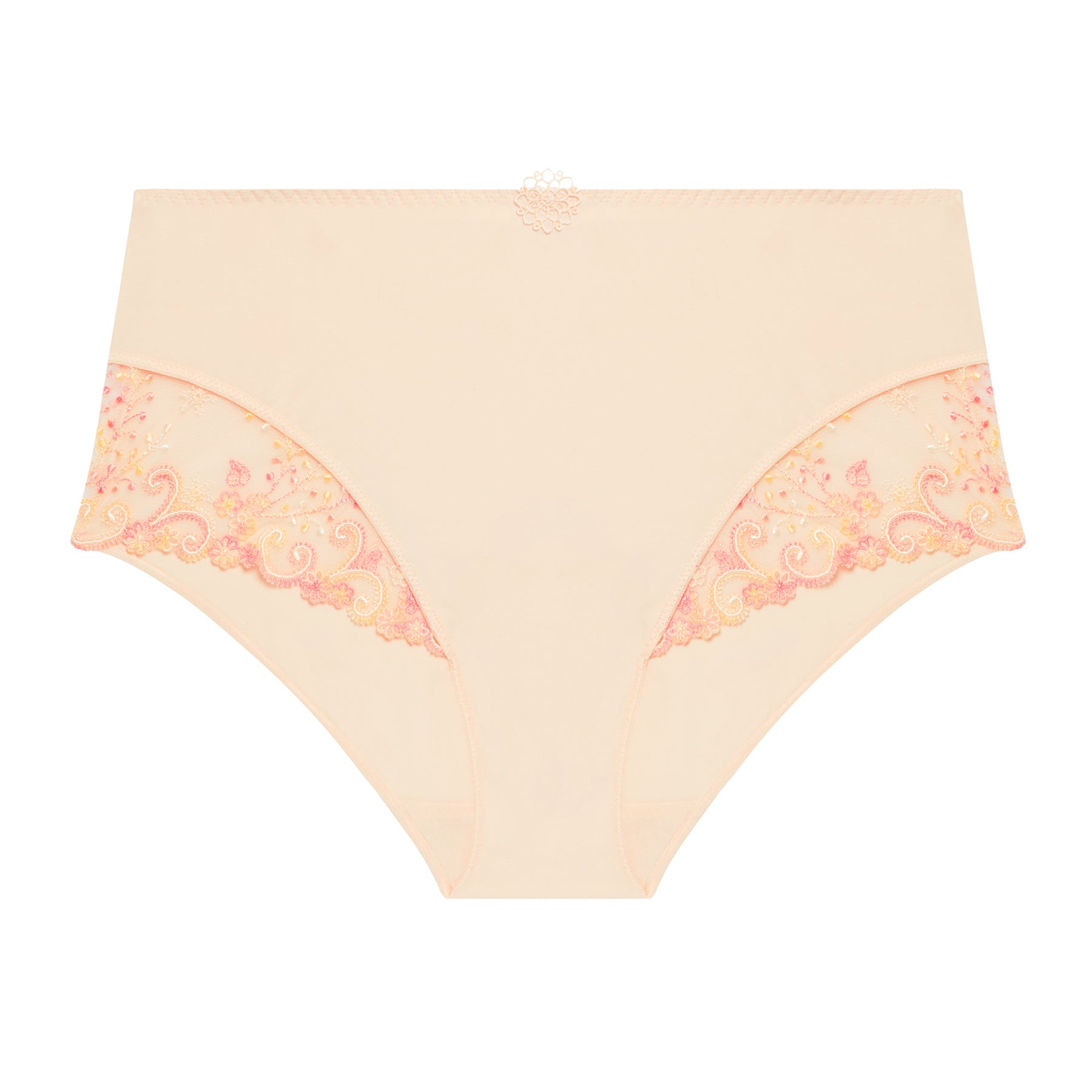 Full brief in pale yellow peach pampa with contrast coral pink embroidery at hips. Front view without model.