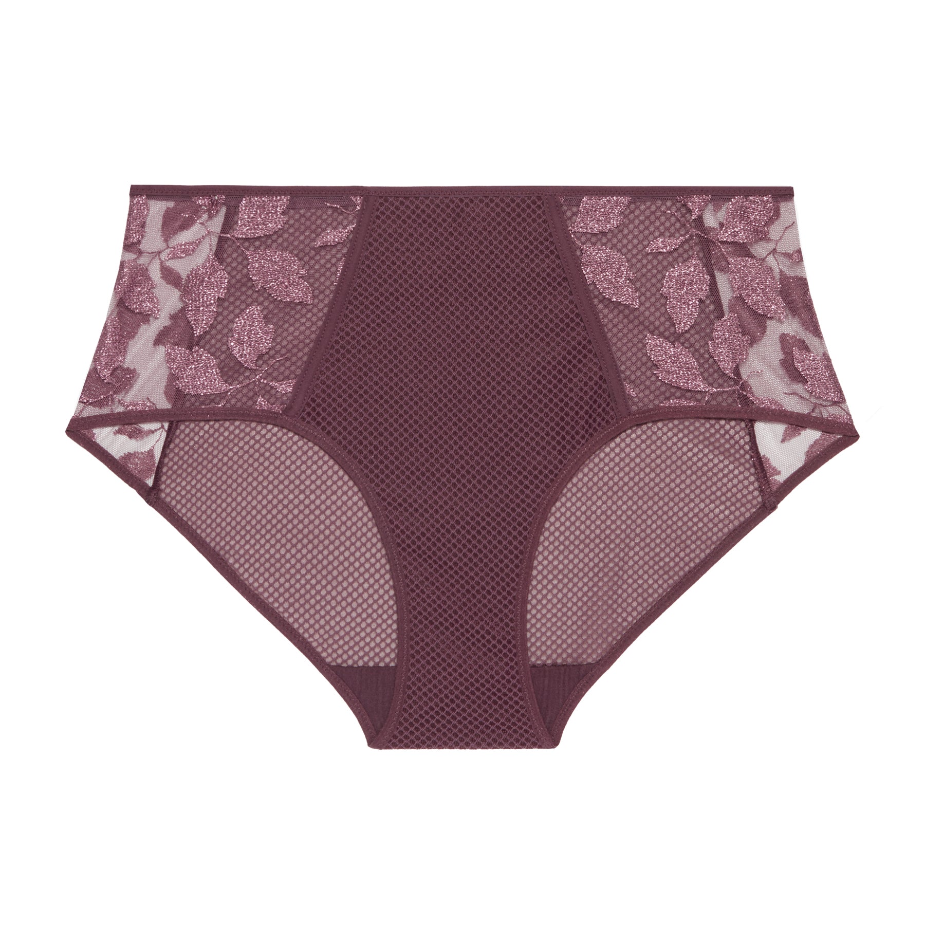 High rise full brief with embroidered side details in burgundy purple byzantine. Front view without model.