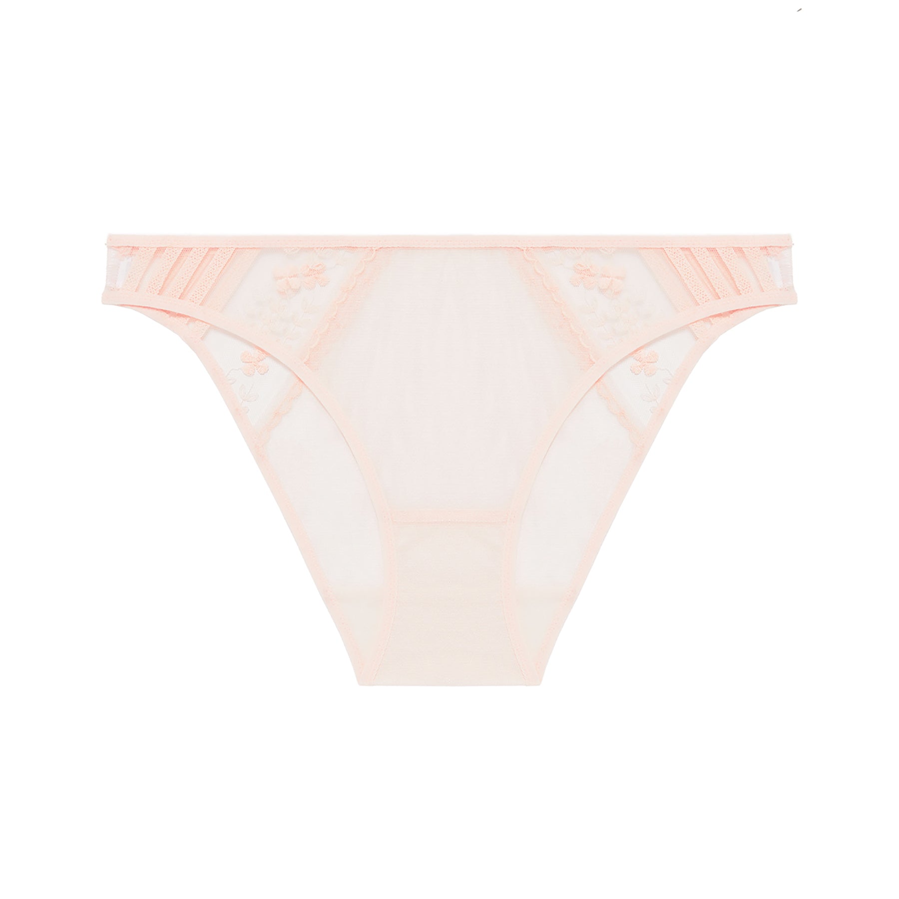 Sheer tulle bikini panty in petal powder baby pink with embroidered details. No model.