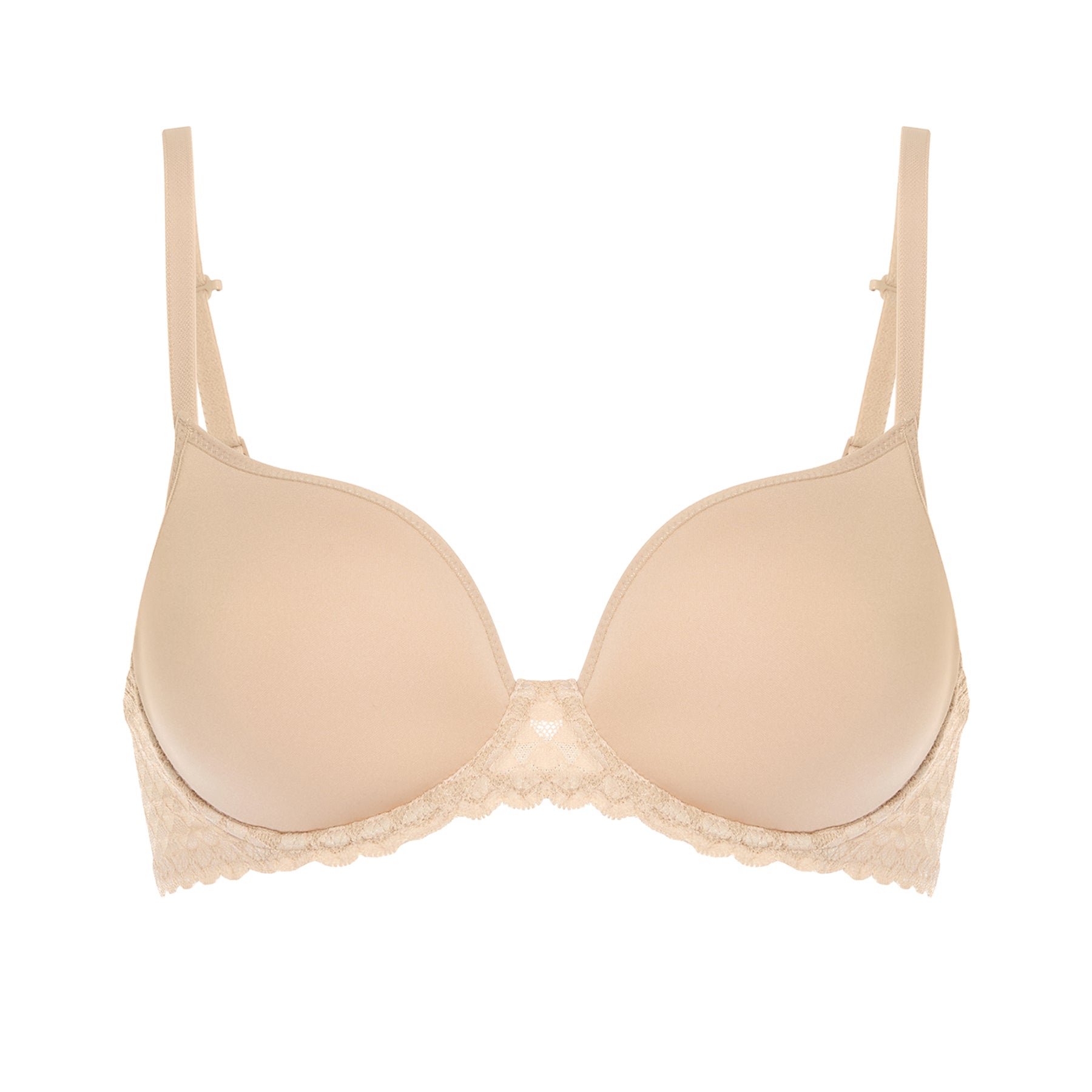 Plunge 3D spacer bra in nude peau rose with interlocking lace band. Front view, without model.