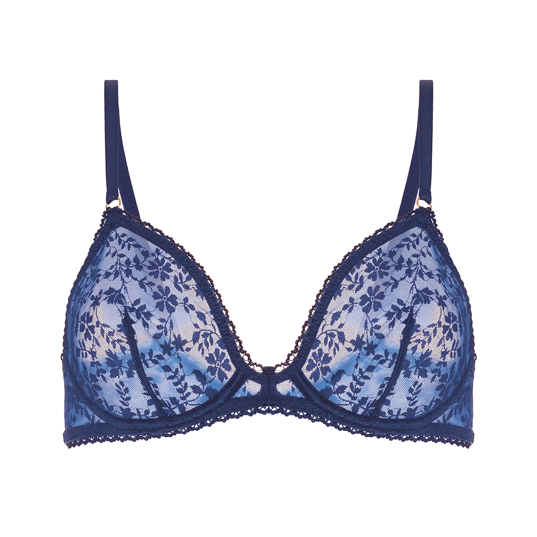 Sheer lace plunge bra with floral embroidery in midnight navy. Front view, no model.