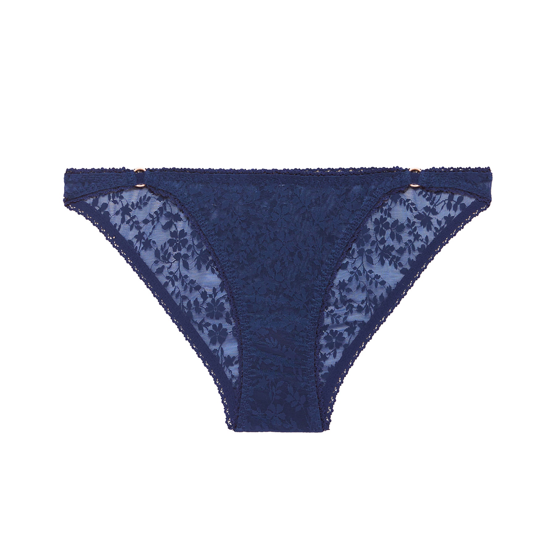 All lace panty with floral embroidery in midnight navy. Two rose gold hoops adorn the hips on each side. No model.