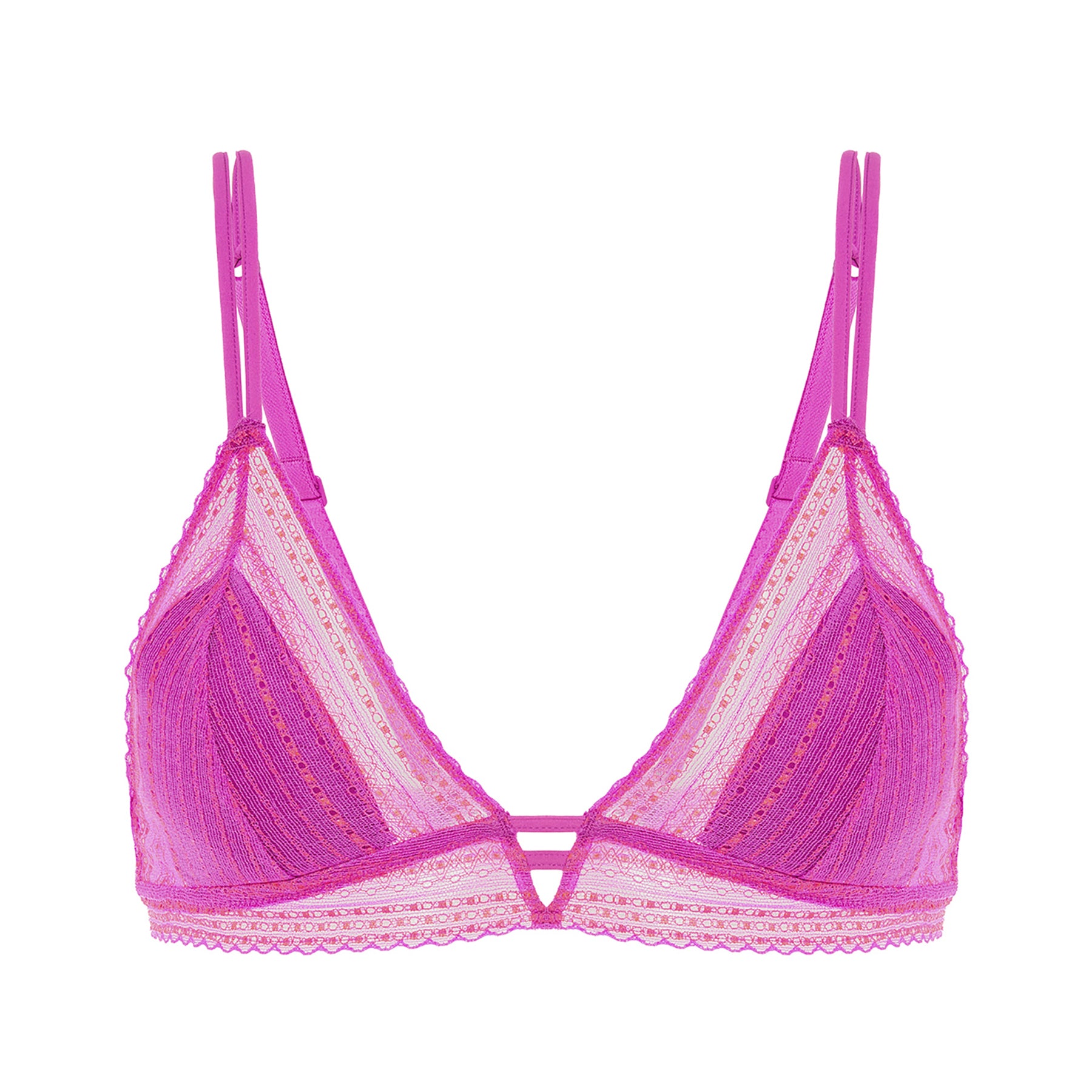 Sheer, lace wireless triangle bralette in energy pink/hot pink. Front view, without model .