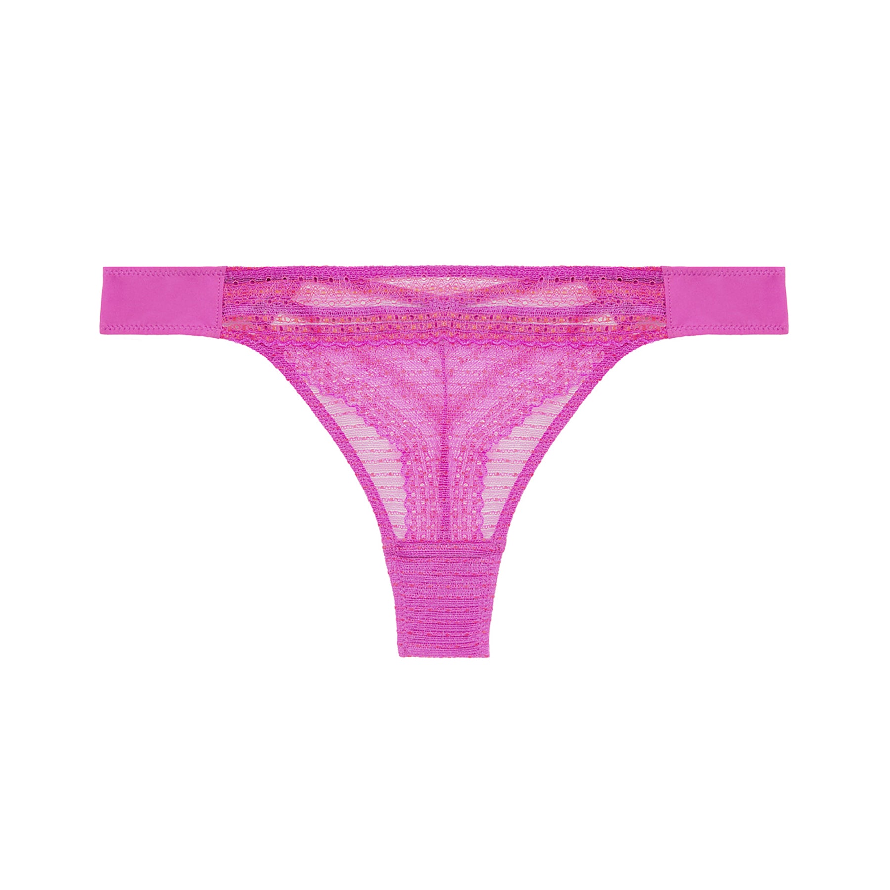 Sheer, lace thong in energy pink/hot pink. Front view, without model.