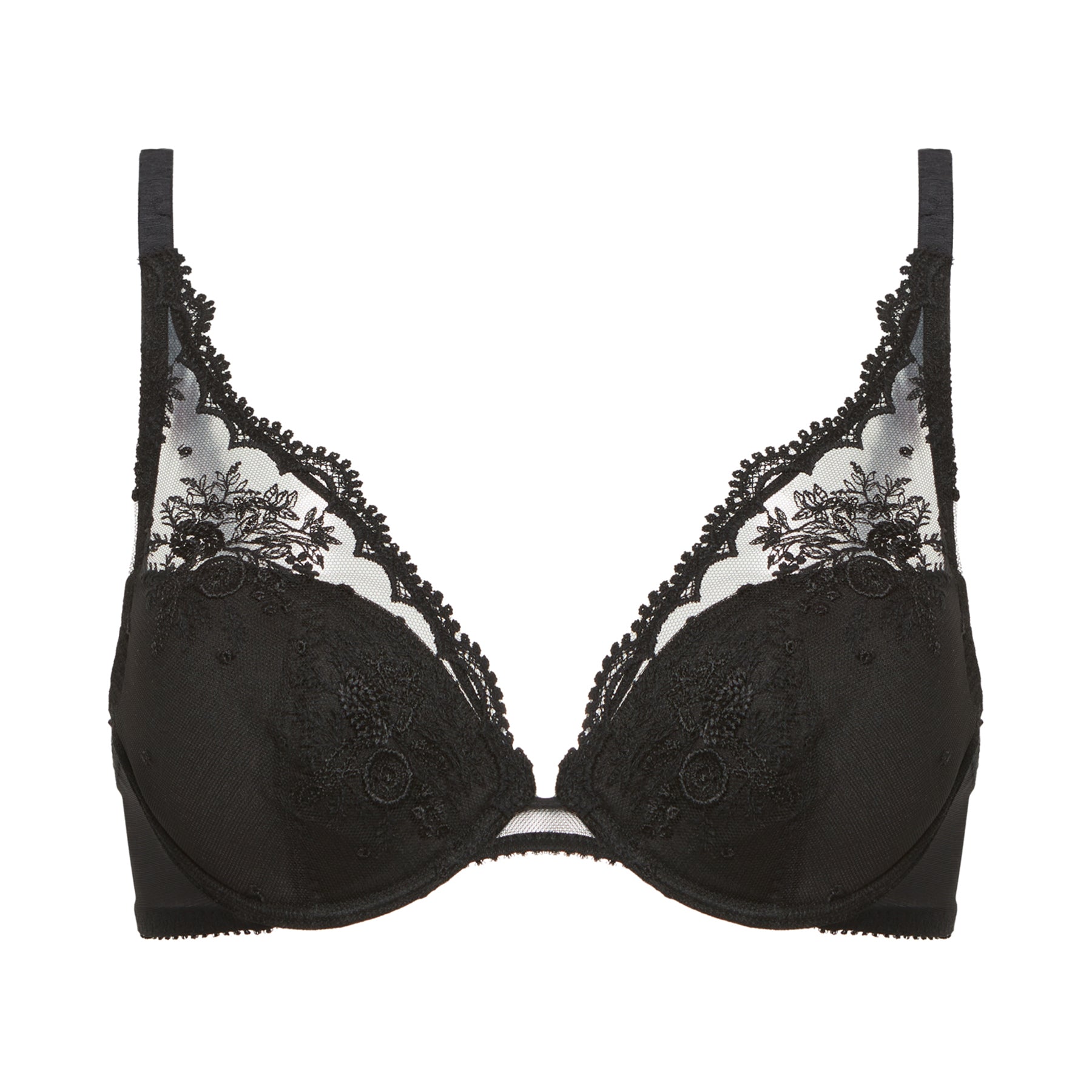 Black padded push up triangle plunge bra in black with lace and tulle embroidery. Front view without model.