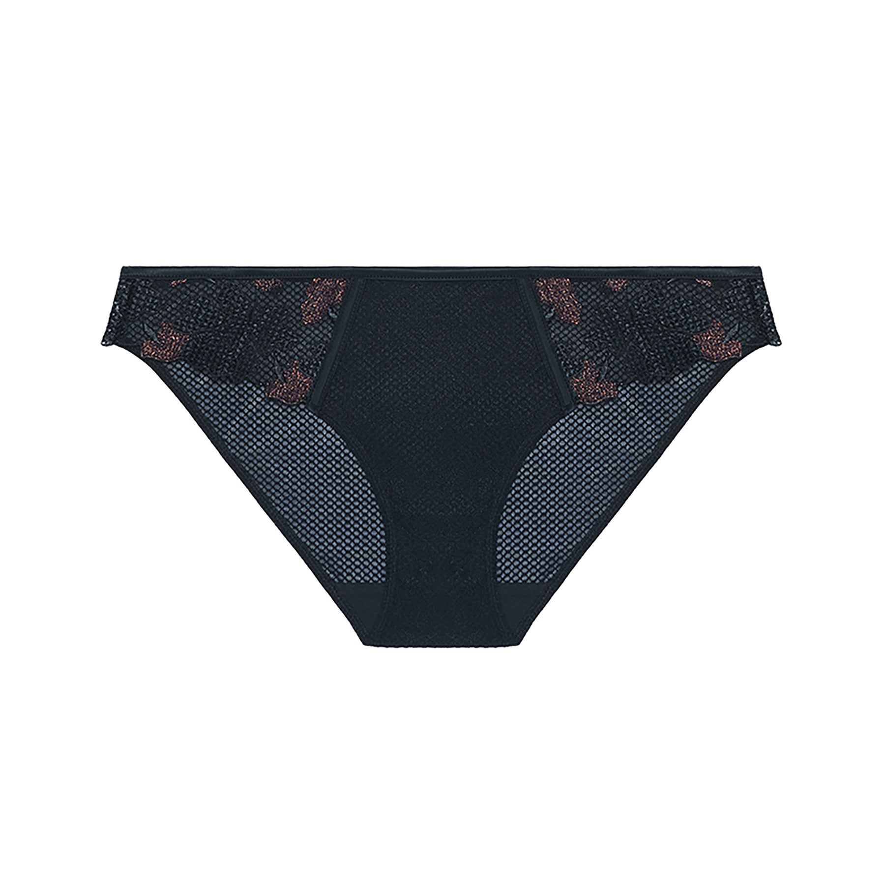 Simone Pérèle Dahlia bikini brief in Copper-Black with embroidered floral mesh sides and soft microfiber front and back.