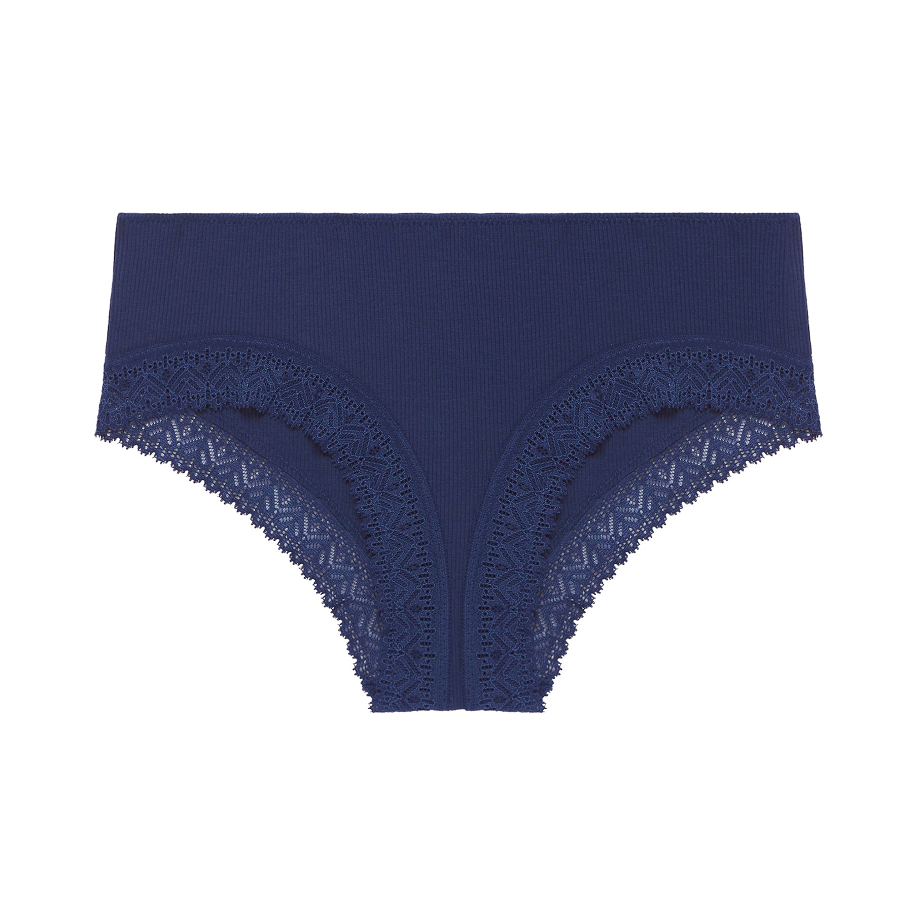 Boyshort in dark blue navy in ribbed fabric without model, front view.