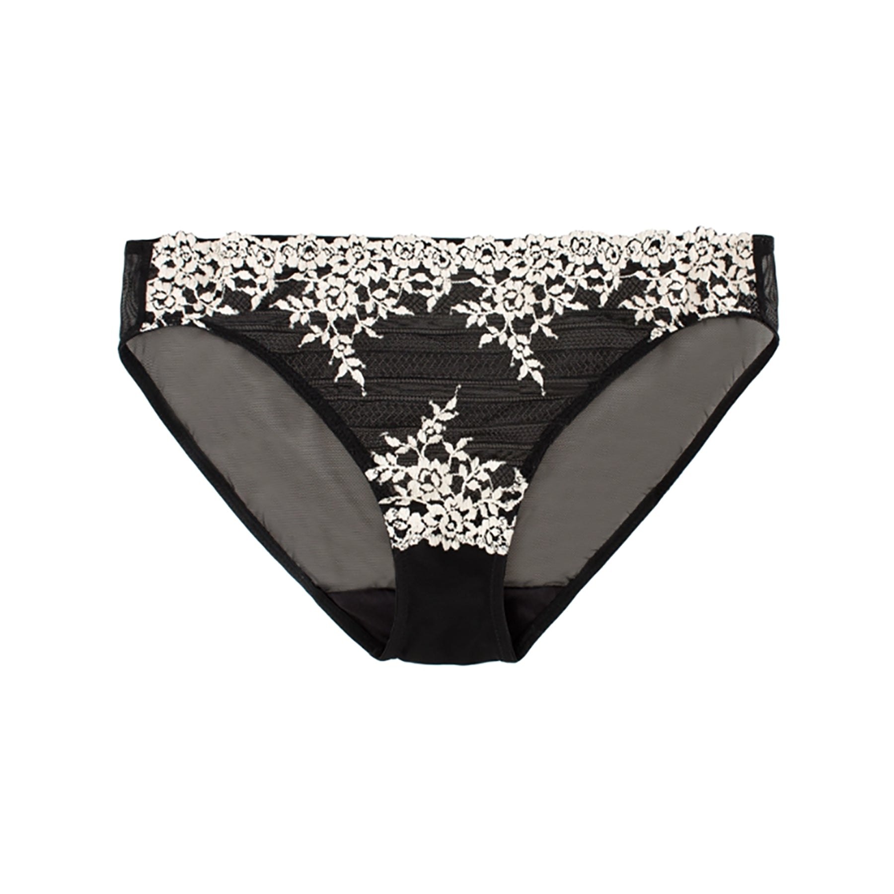 bikini mid rise sheer black mesh panty with cream lace embroidery details flat lay front view