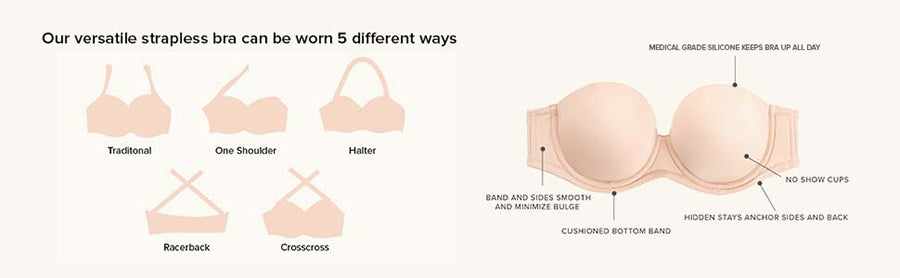 Showcase 5 different ways the straps may be worn for this Wacoal strapless nude bra