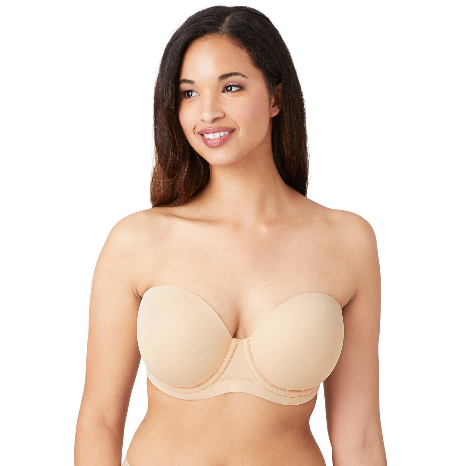 Strapless nude bra on model front view